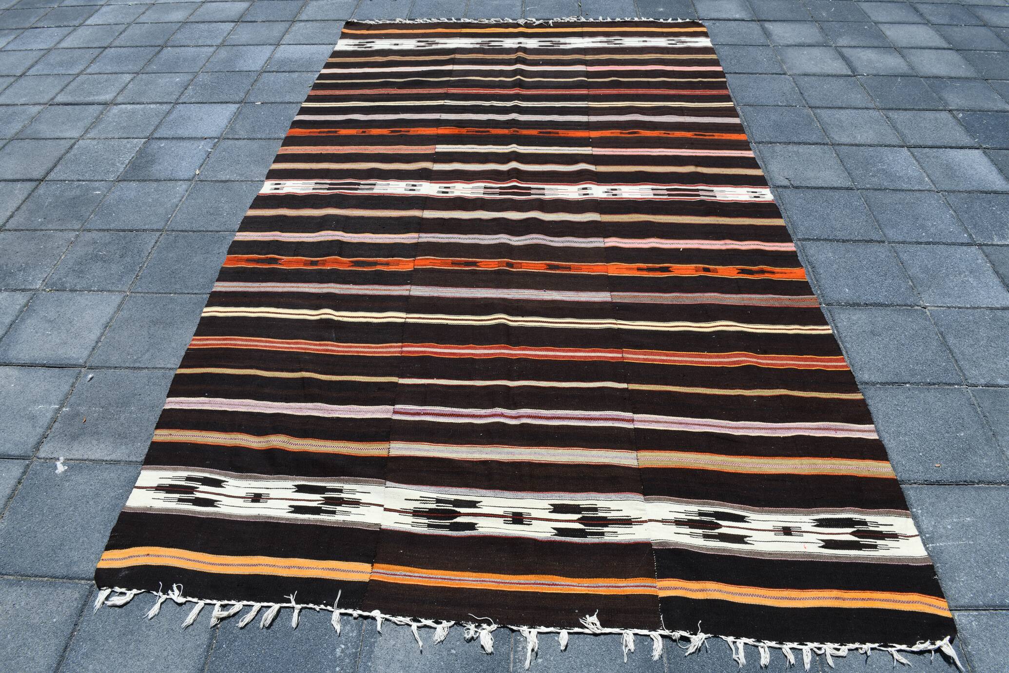 %100 Wool Striped Moroccan Pattern Turkish Kilim Rug, 181x305 Cm