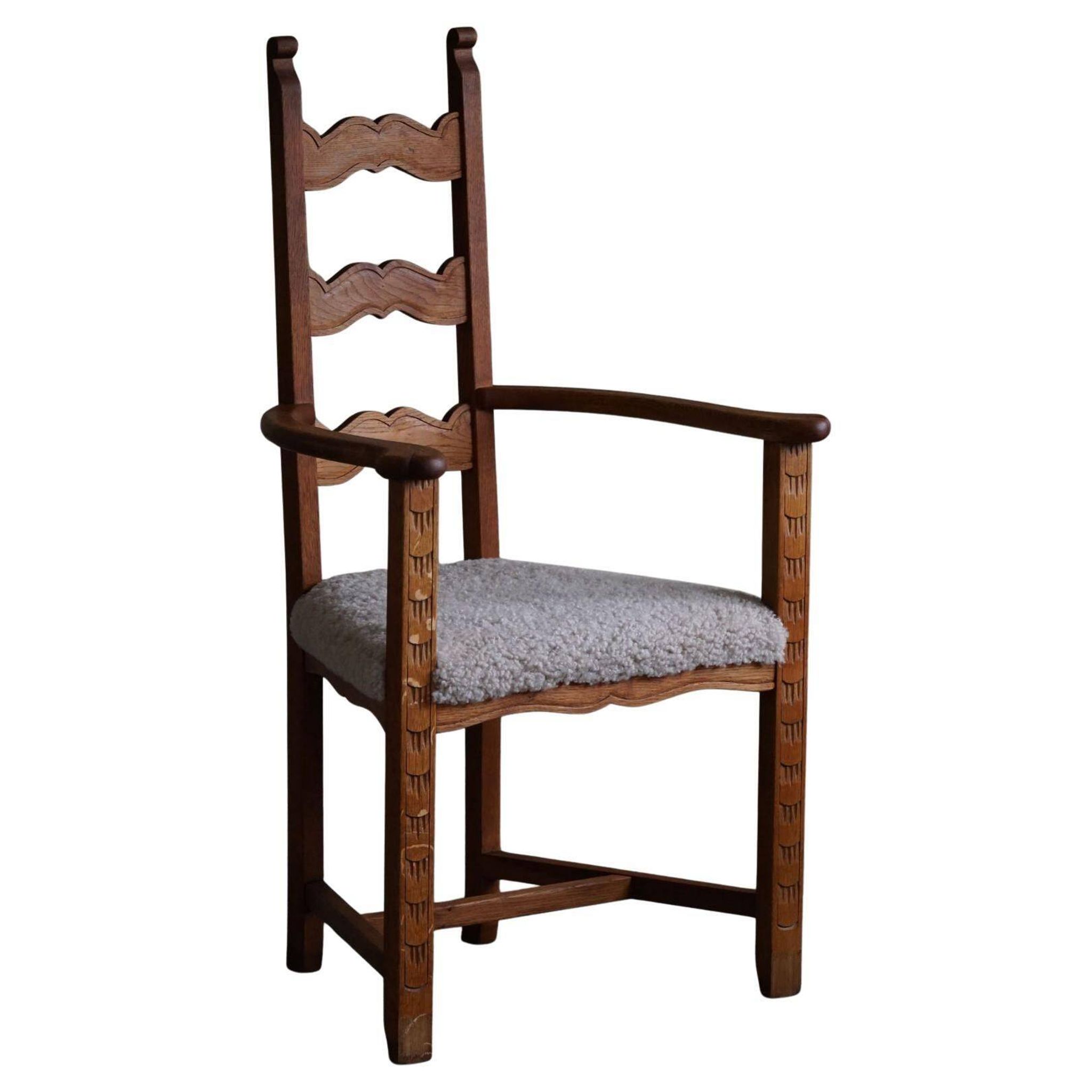 Classic Oak Armchair with Lambswool Upholstery, Mid-Century Danish, 1950s