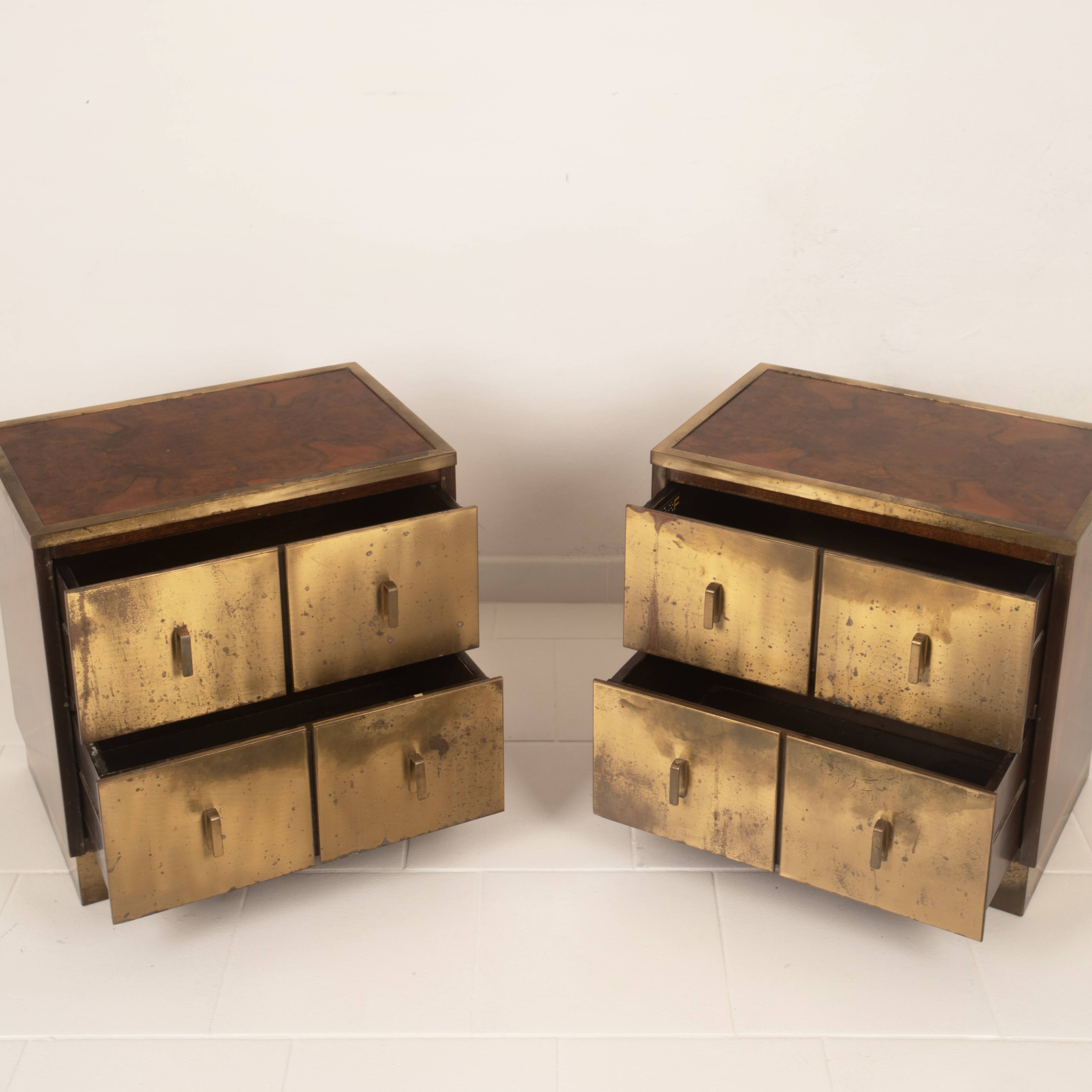 Aldo Frigerio Italian Walnut Burl and Gold-Laminated Brass Bagdad Nightstands