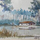 Painting Watercolor "The House by the Lake" Landes by P. Valliez Dordogne