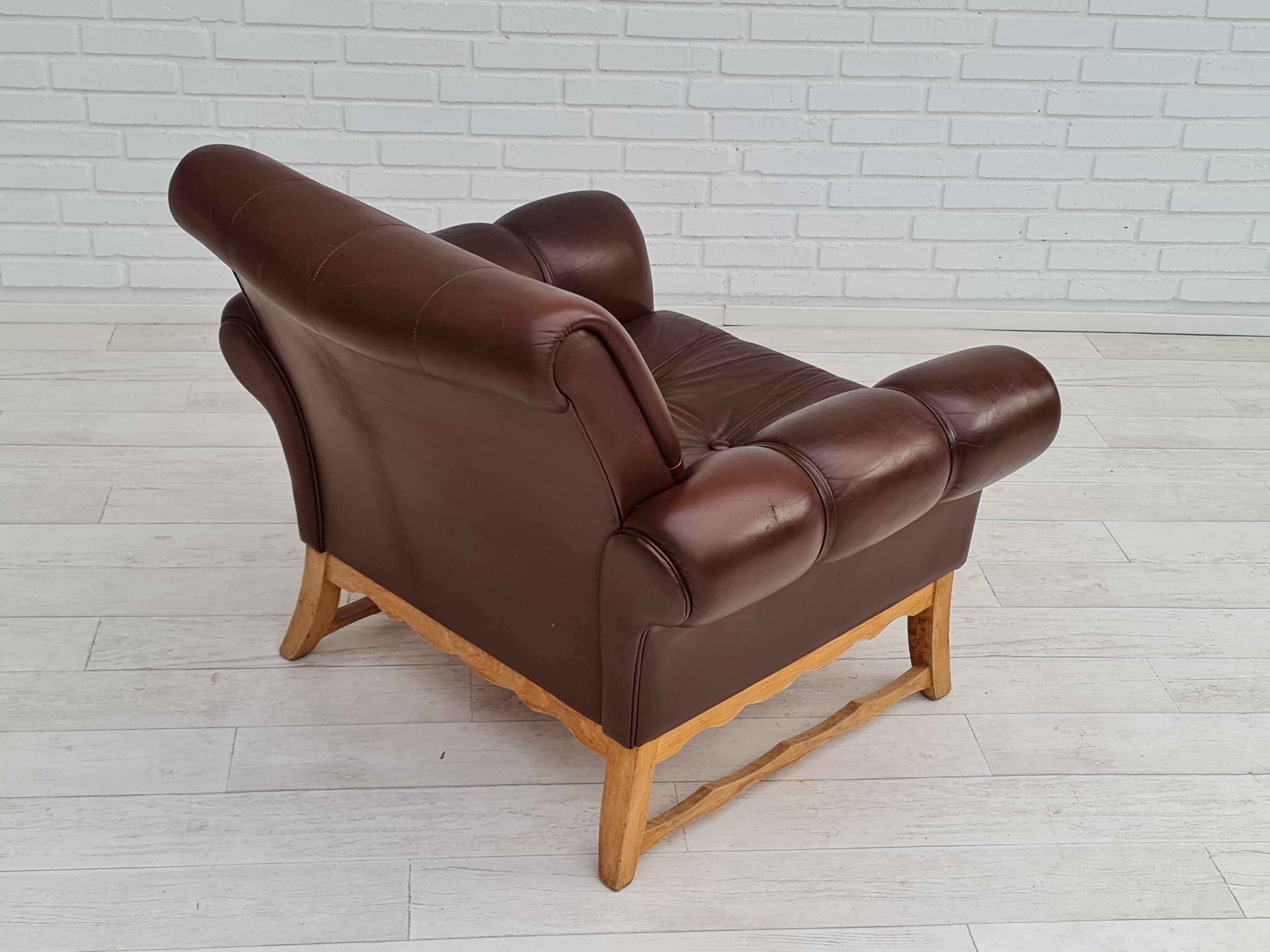 Fauteuil danois vintage, années 1970, cuir, bois de chêne