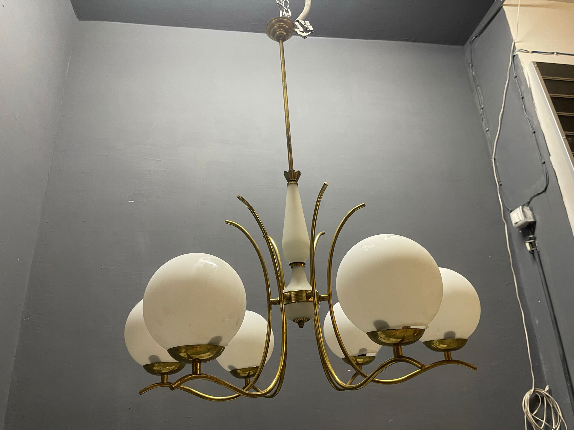 White Opaline Glass & Brass Chandelier, 1960s