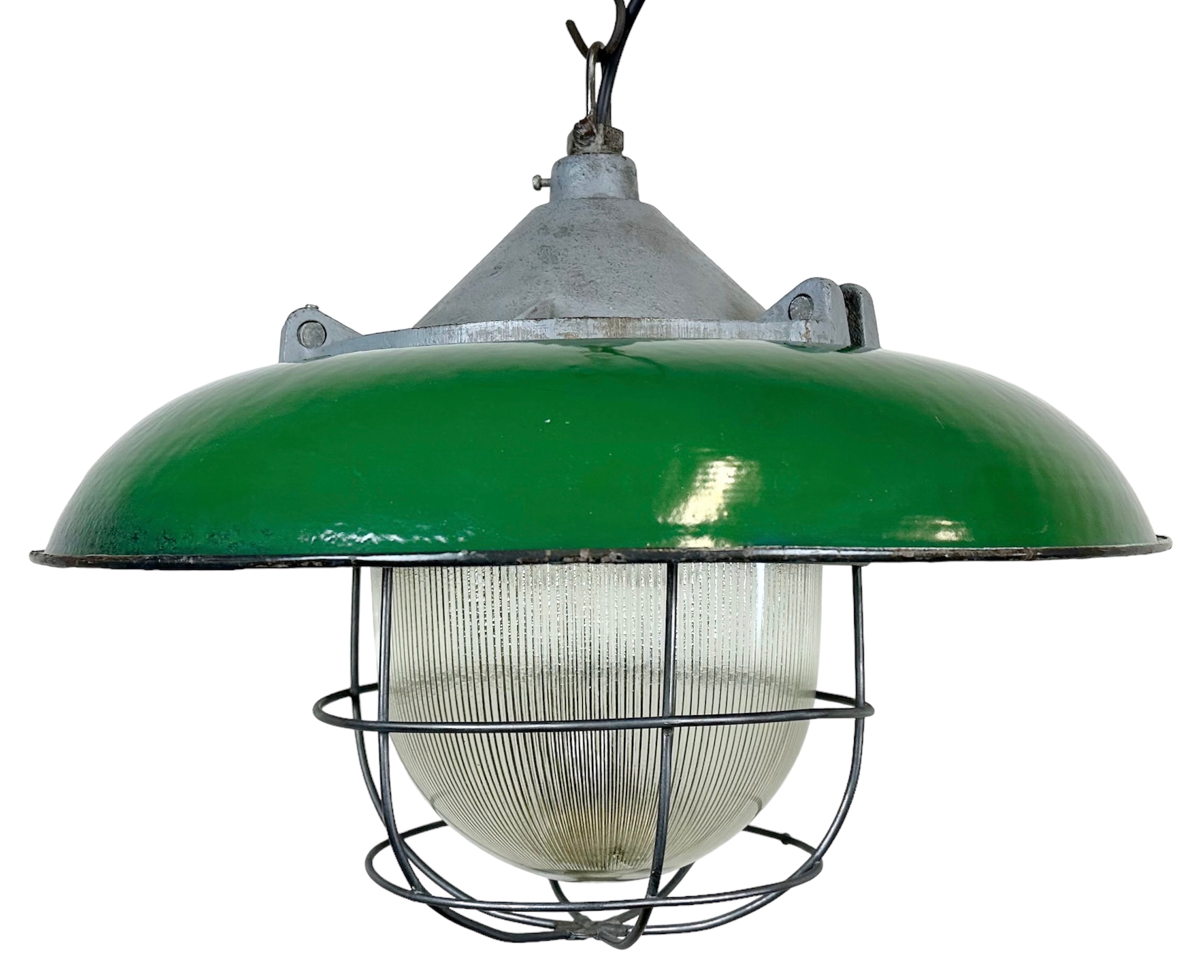 Industrial Green Enamel Factory Cage Pendant Lamp in Cast Iron from Zaos, 1960s