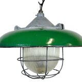 Industrial Green Enamel Factory Cage Pendant Lamp in Cast Iron from Zaos, 1960s