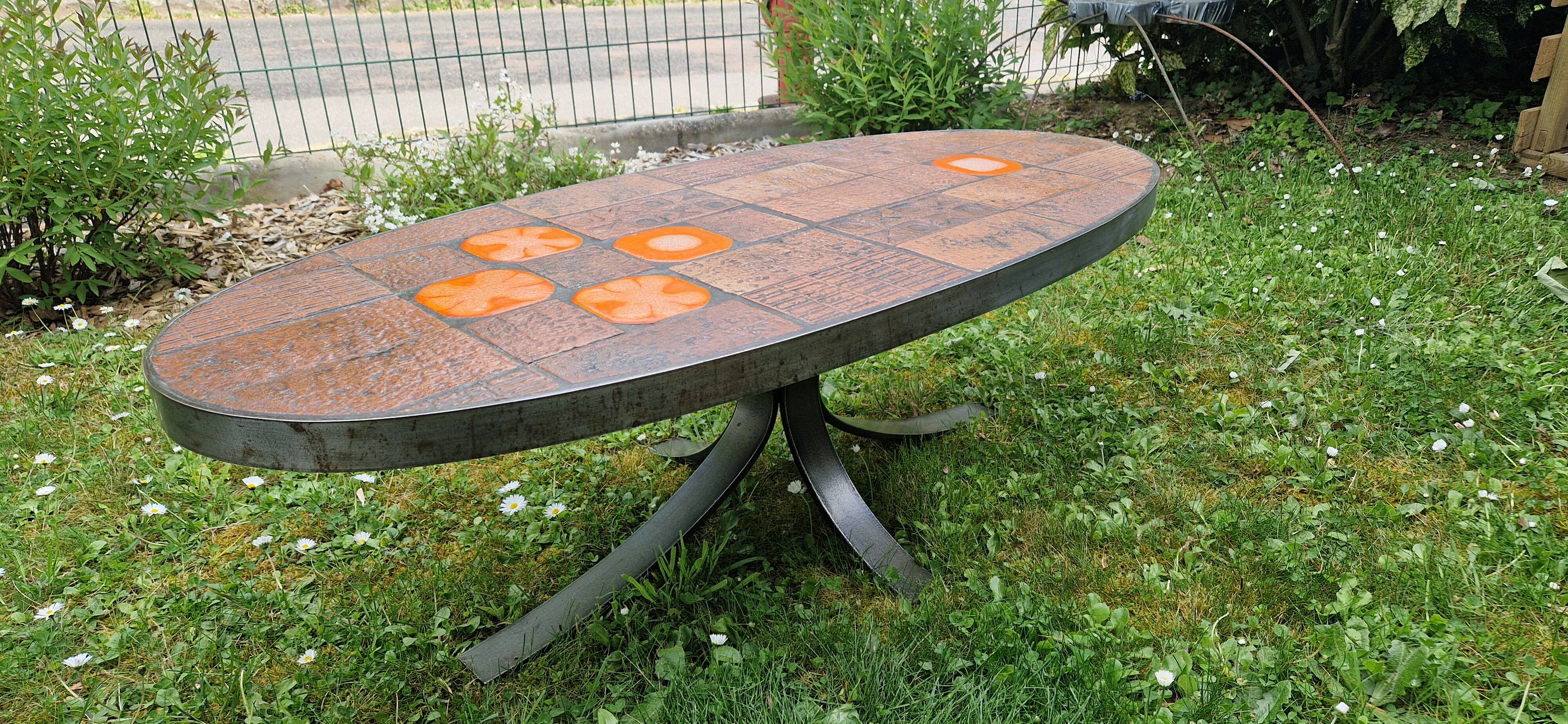 Coffee Table in Lava Stone and Ceramic by Jean Jaffeux