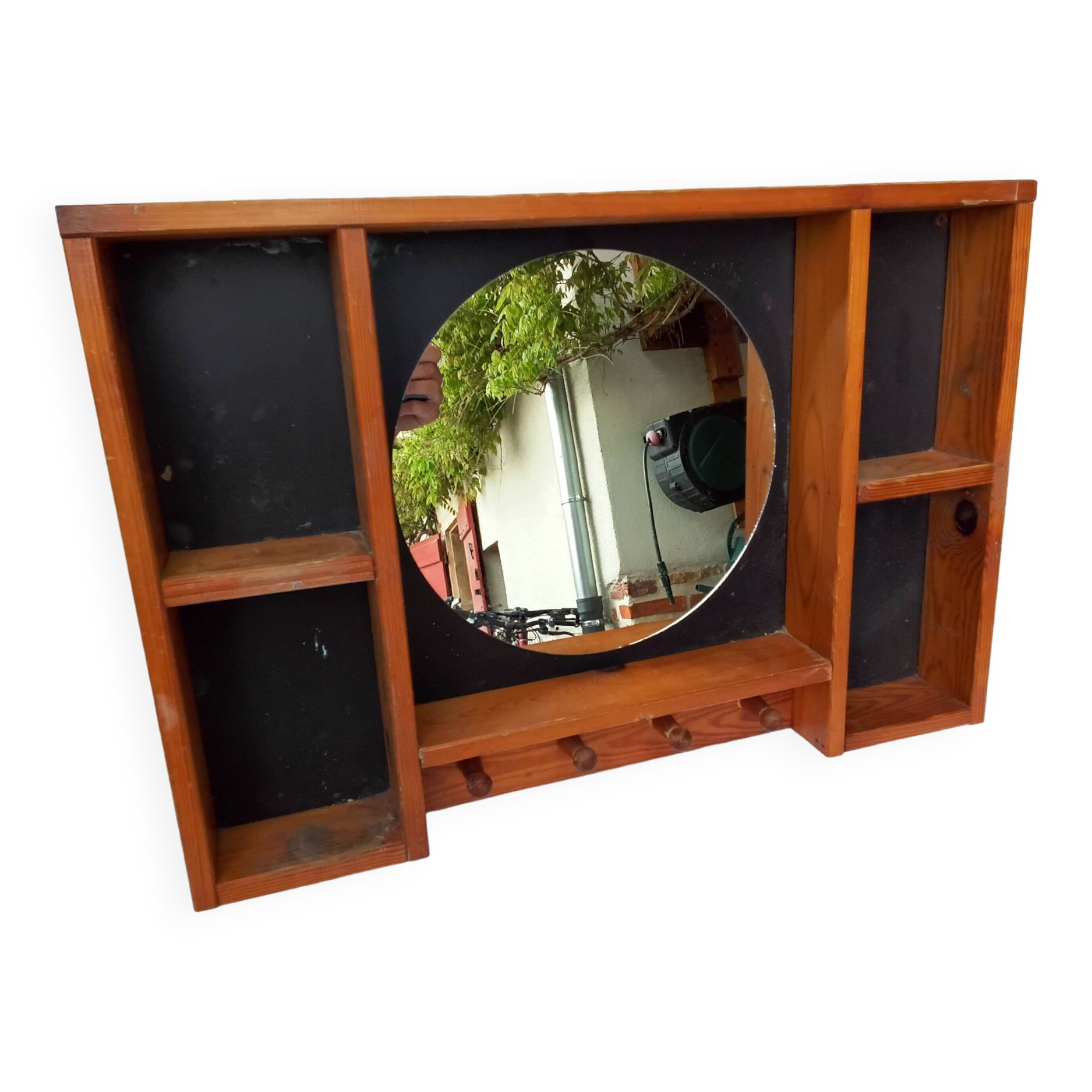 Étagère bois miroir rond année 80