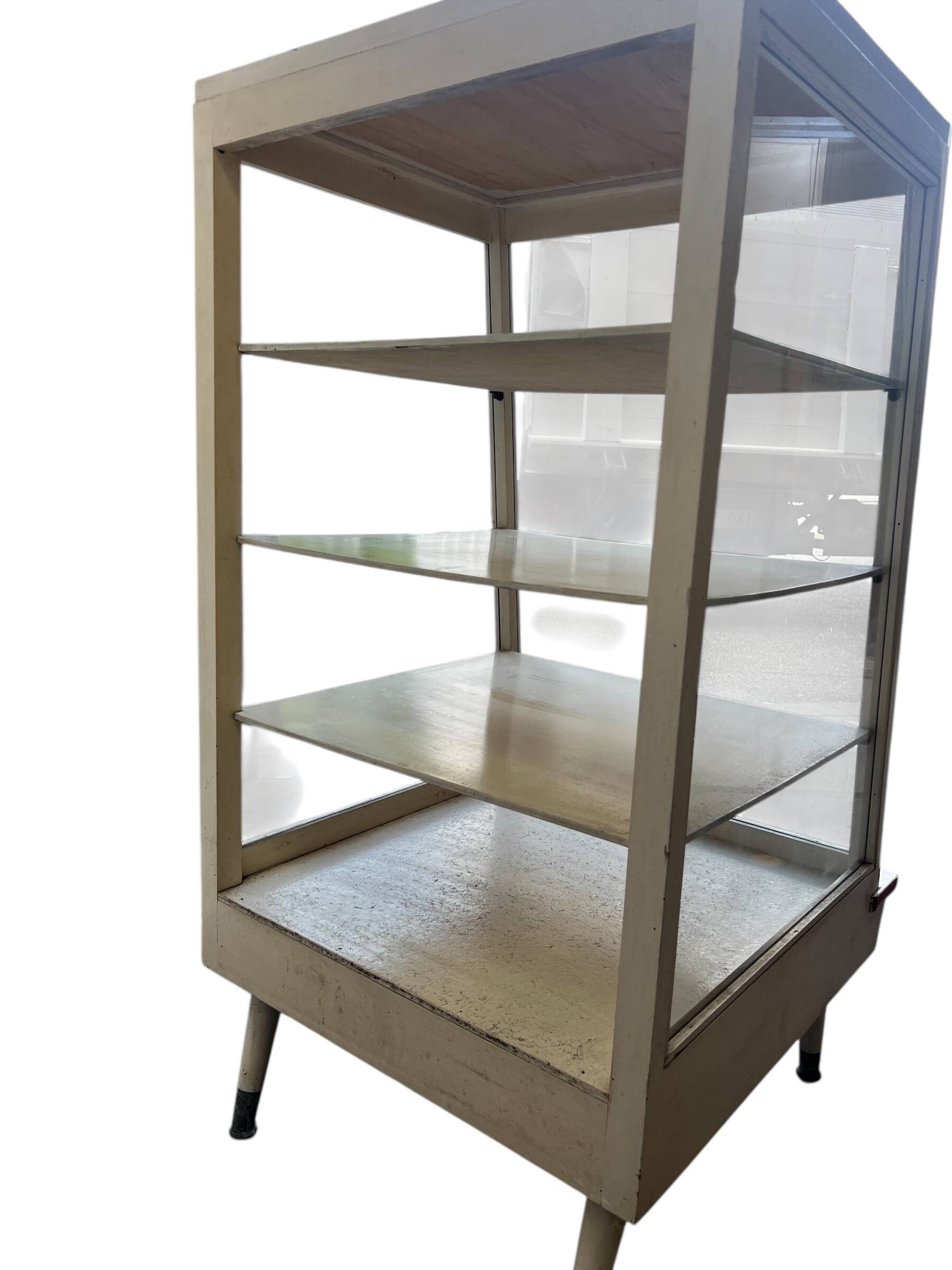 Vintage wooden shop counter, display case, shelf