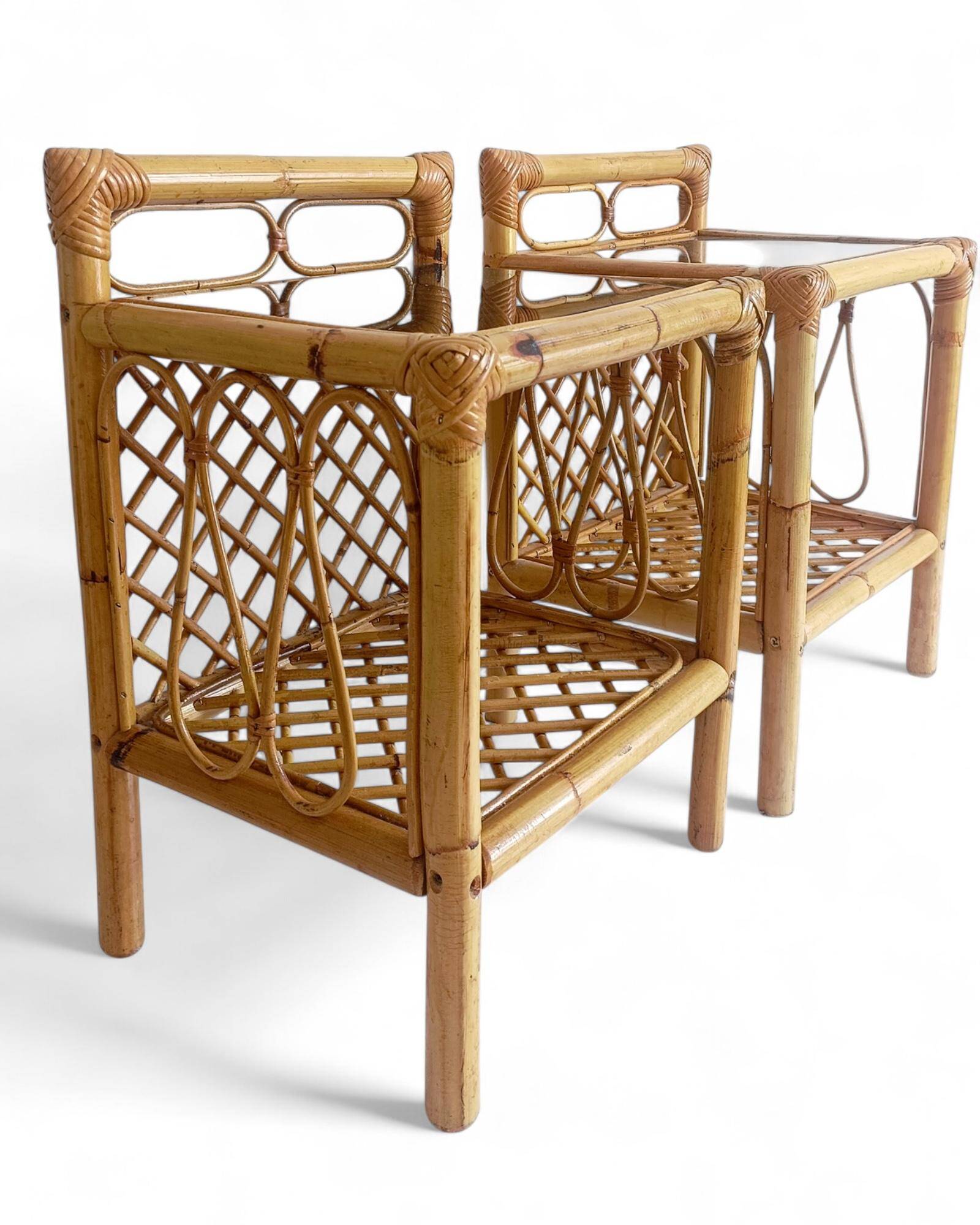Mid-Century Bamboo and Rattan Nightstands, Spain, Hand-Crafted, 1970s