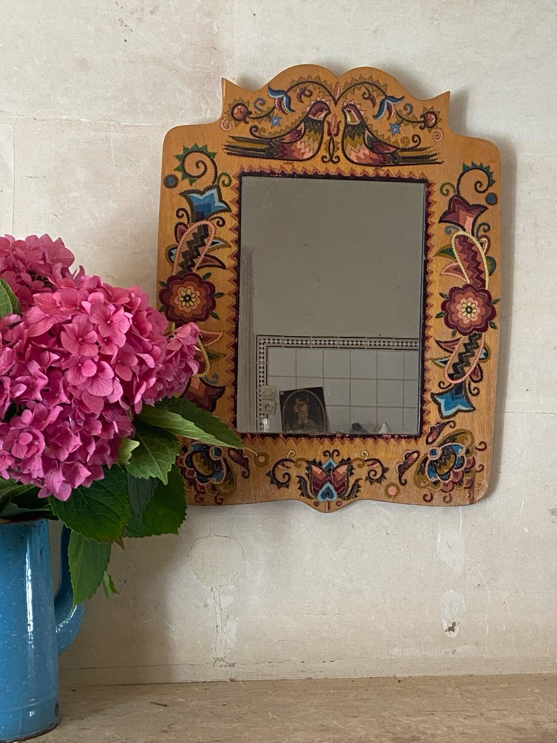 Small mirror in colored marquetry – 1970s – 48 x 36.5 cm