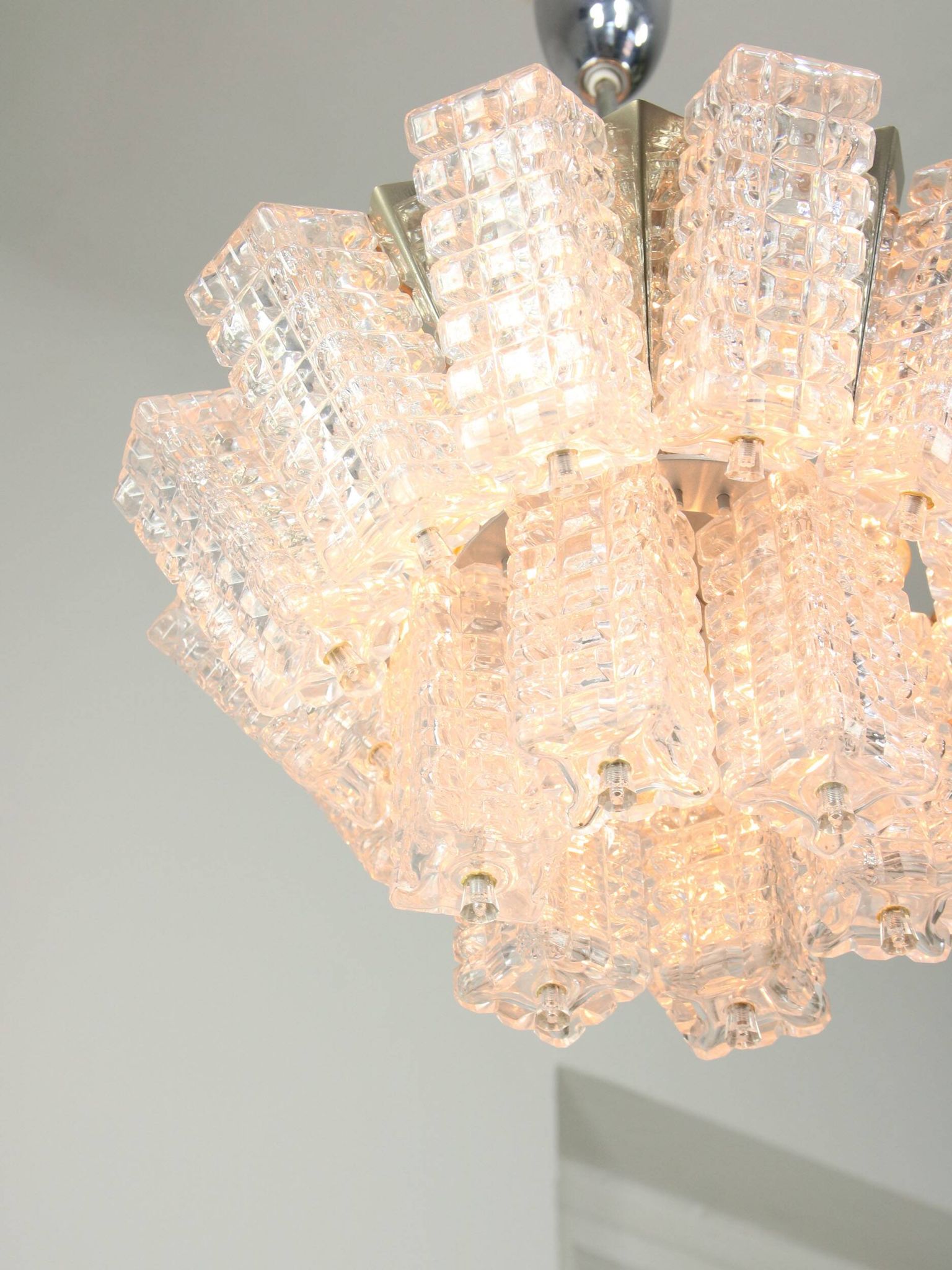 Vintage Austrolux Glass Chandelier: Mid-Century Chrome Pendant Light