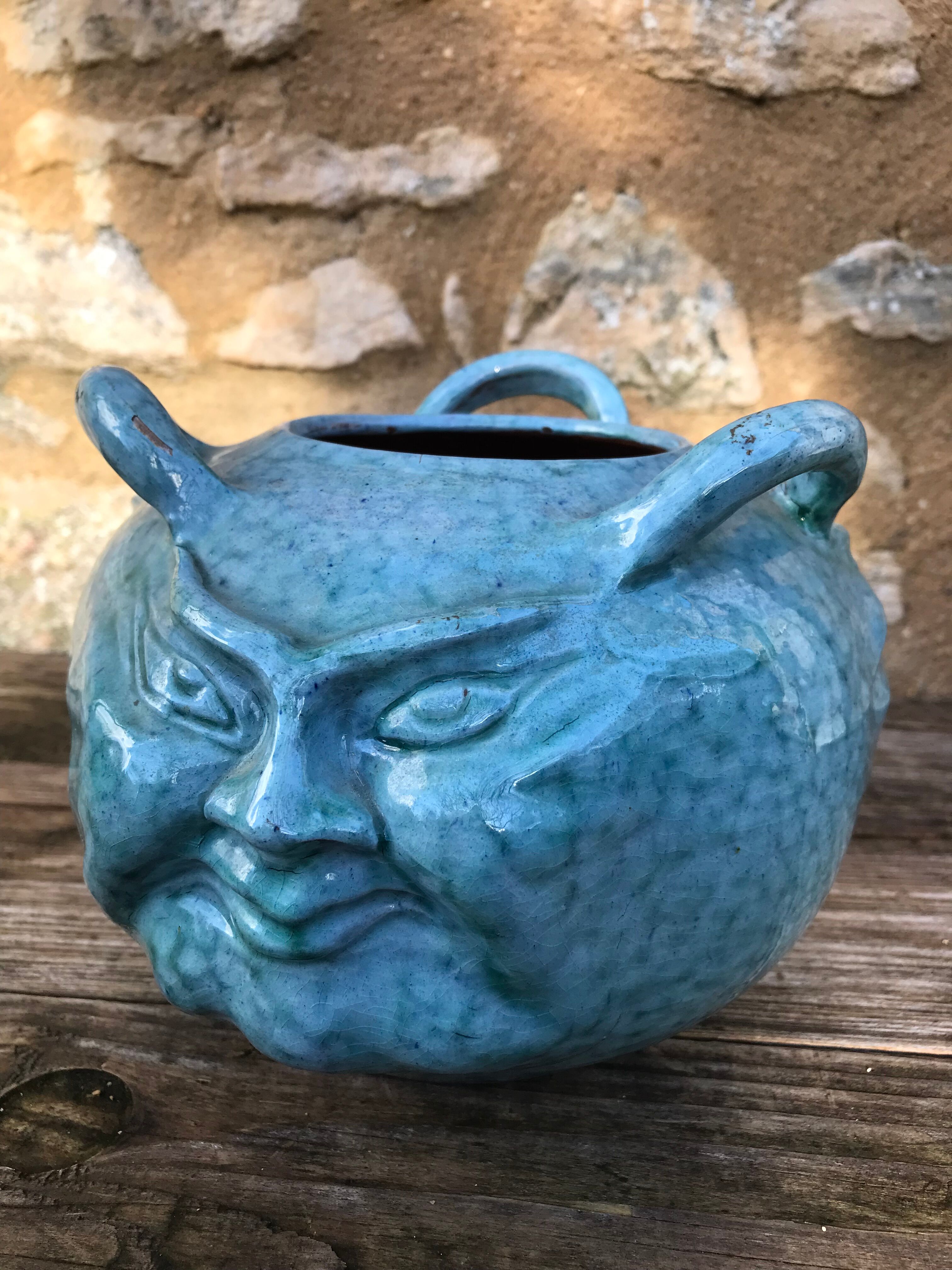 Ceramic vase, three faces, blue marble effects, signed