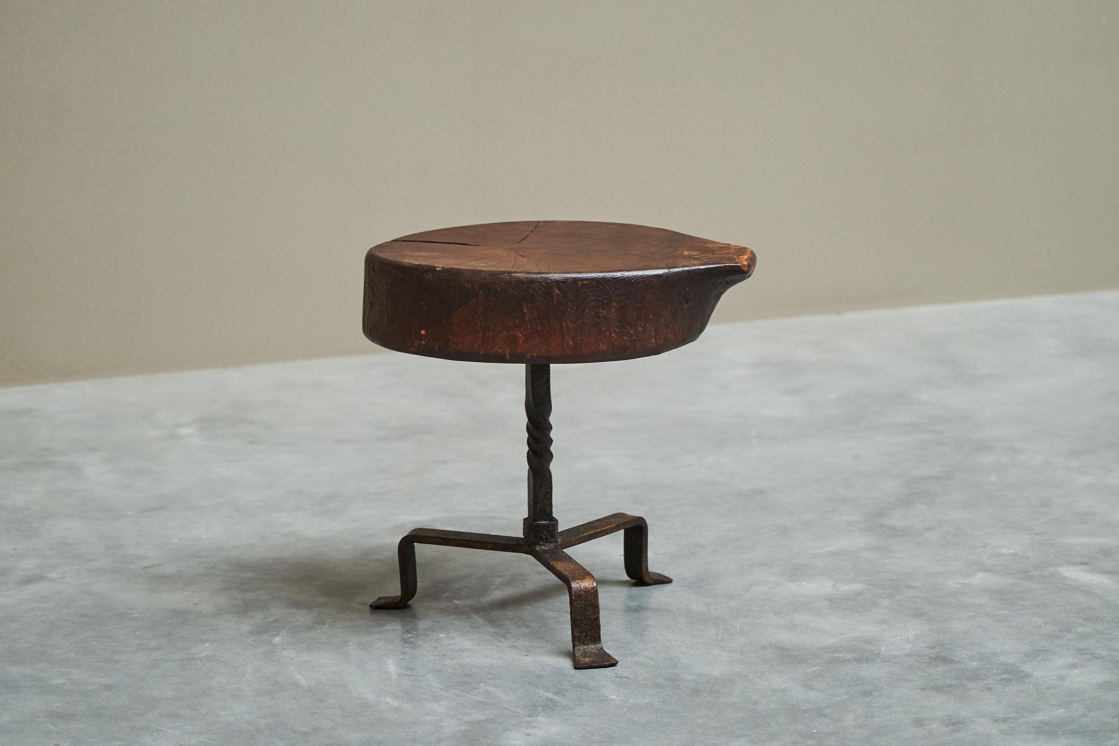 Tree Stump Stool or Solid Wood and Wrought Iron Side Table, Mid-Century