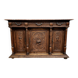 Sideboard in solid oak with marble top - Renaissance style.