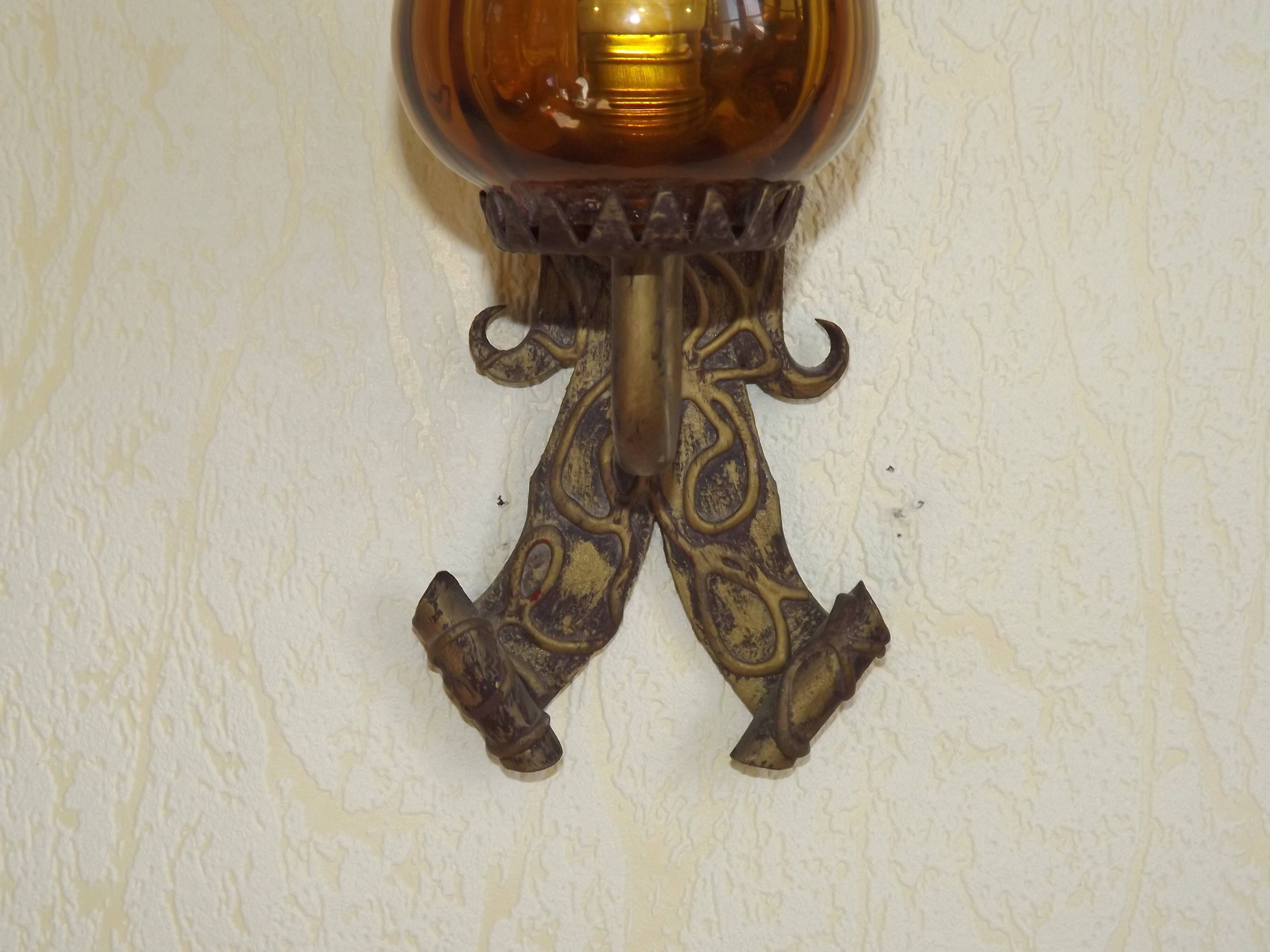 Pair of Hand Forged Wrought Iron Medieval Style Wall Lights with Amber Shades 42