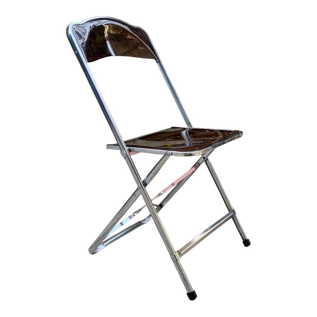 6 chaises pliantes en Plexiglas fumé et métal chrome Chaisor 1970