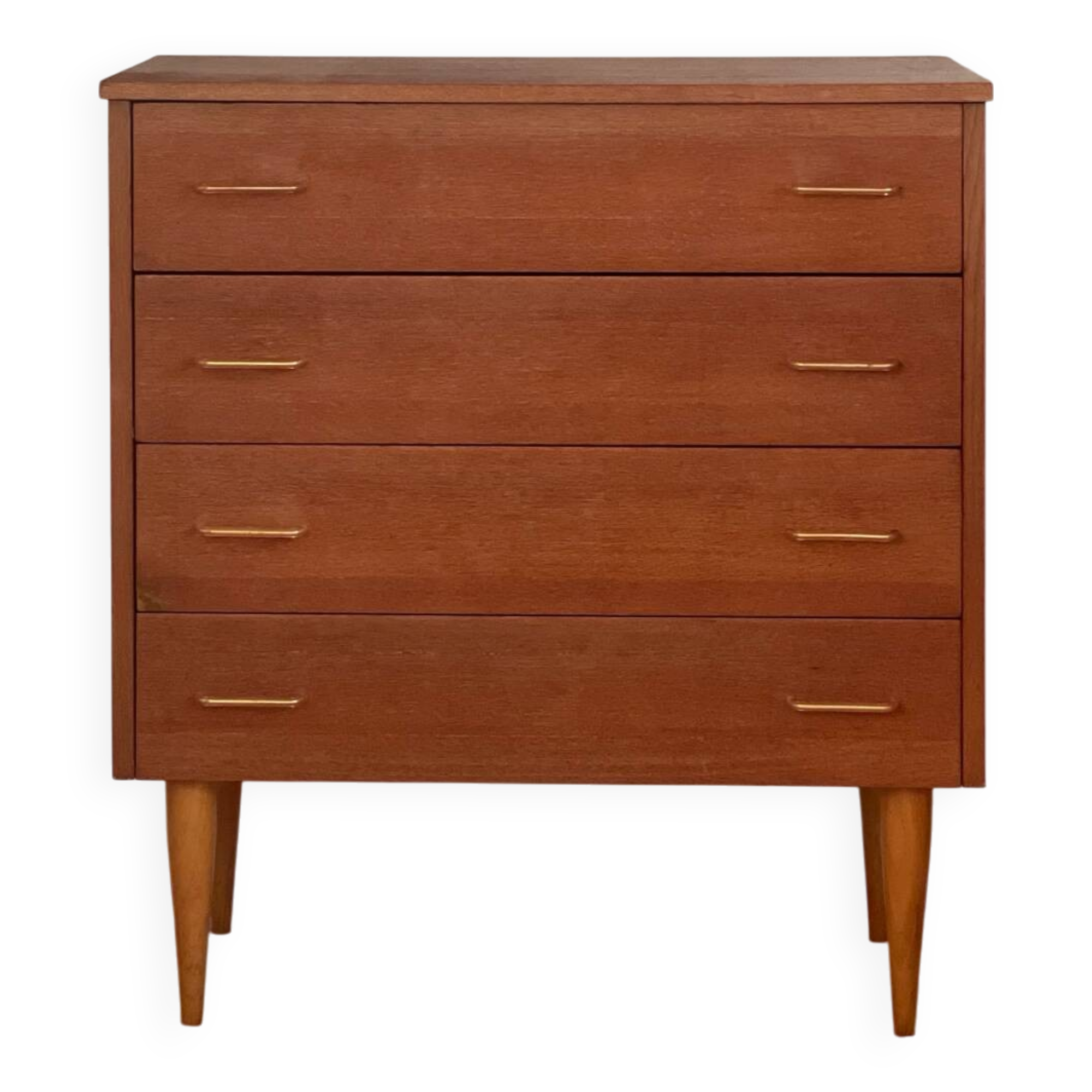 Vintage 1960s chest of drawers with covered handles.