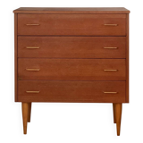Vintage 1960s chest of drawers with covered handles.