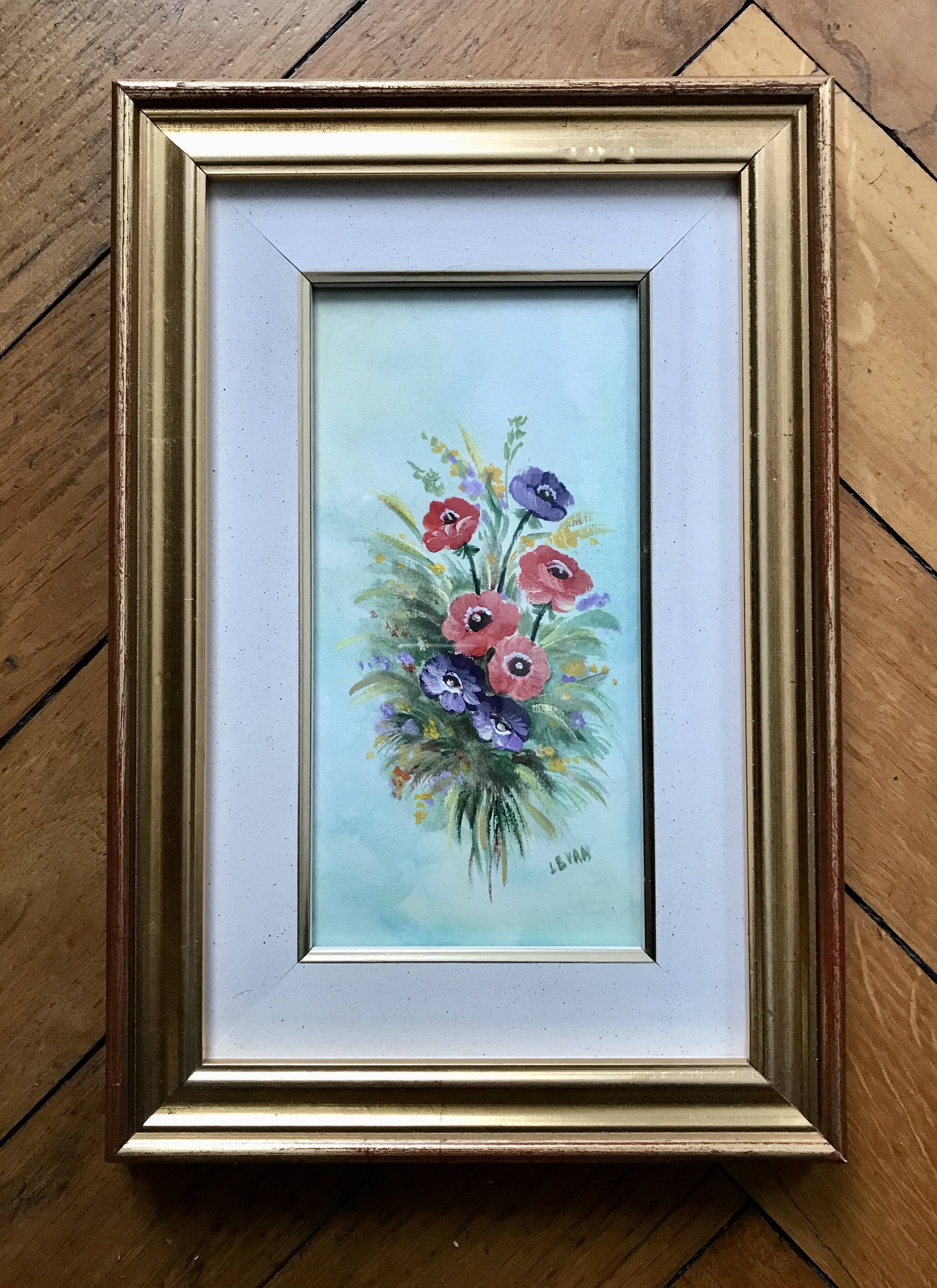 Very pretty framed watercolor bouquet of flowers Italy
