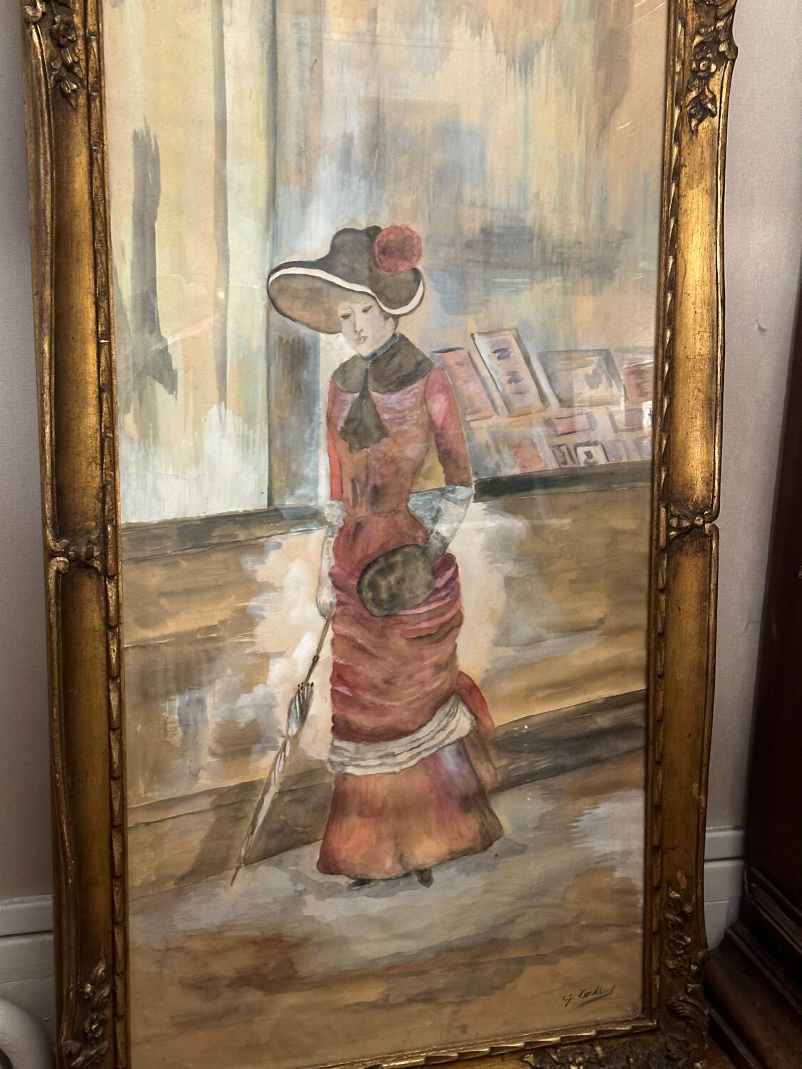 Large Framed Watercolor - An Elegant Woman - Signed 1900s