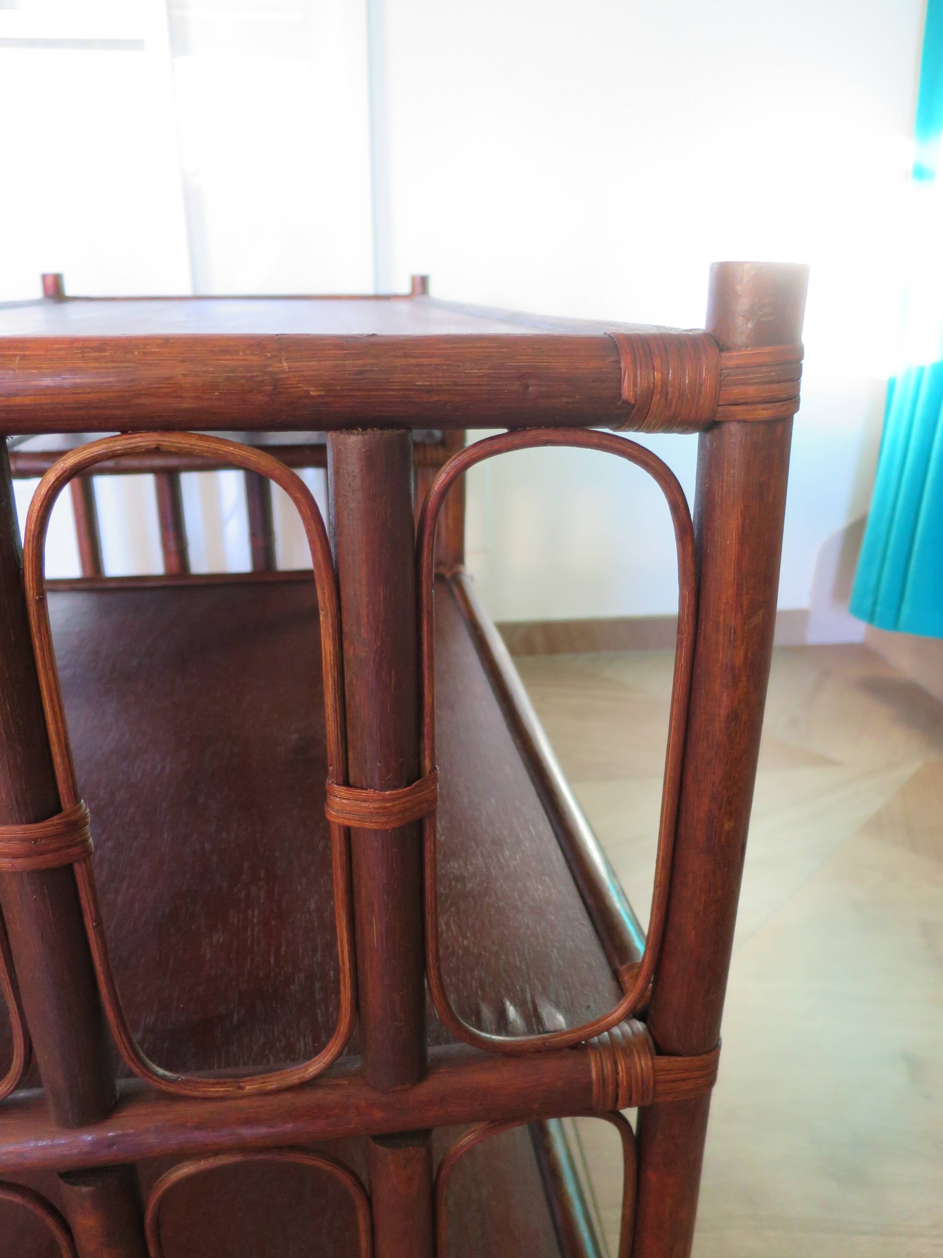 Retro side table - vinyl furniture - rattan and bamboo - 1980s