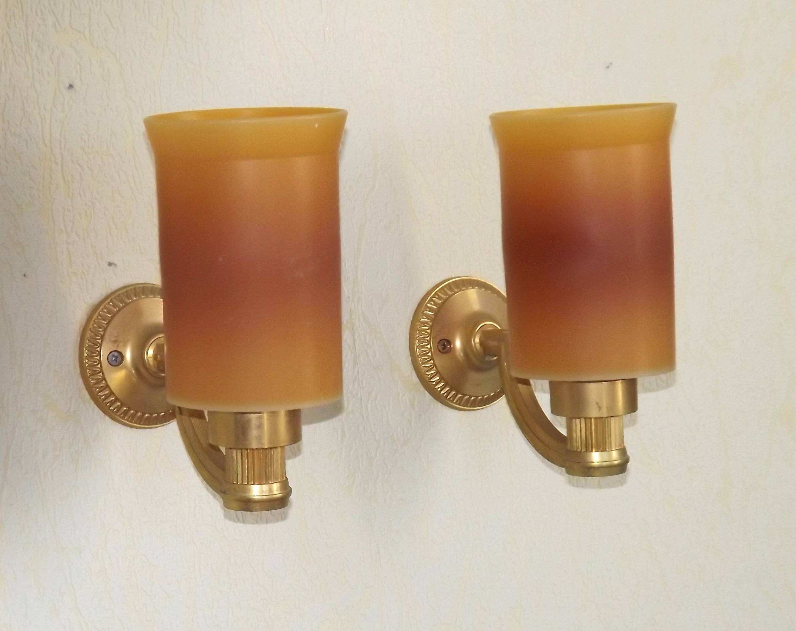 Pair French Vintage 1960s Retro Single Wall Lights Brass & Orange Acrylic