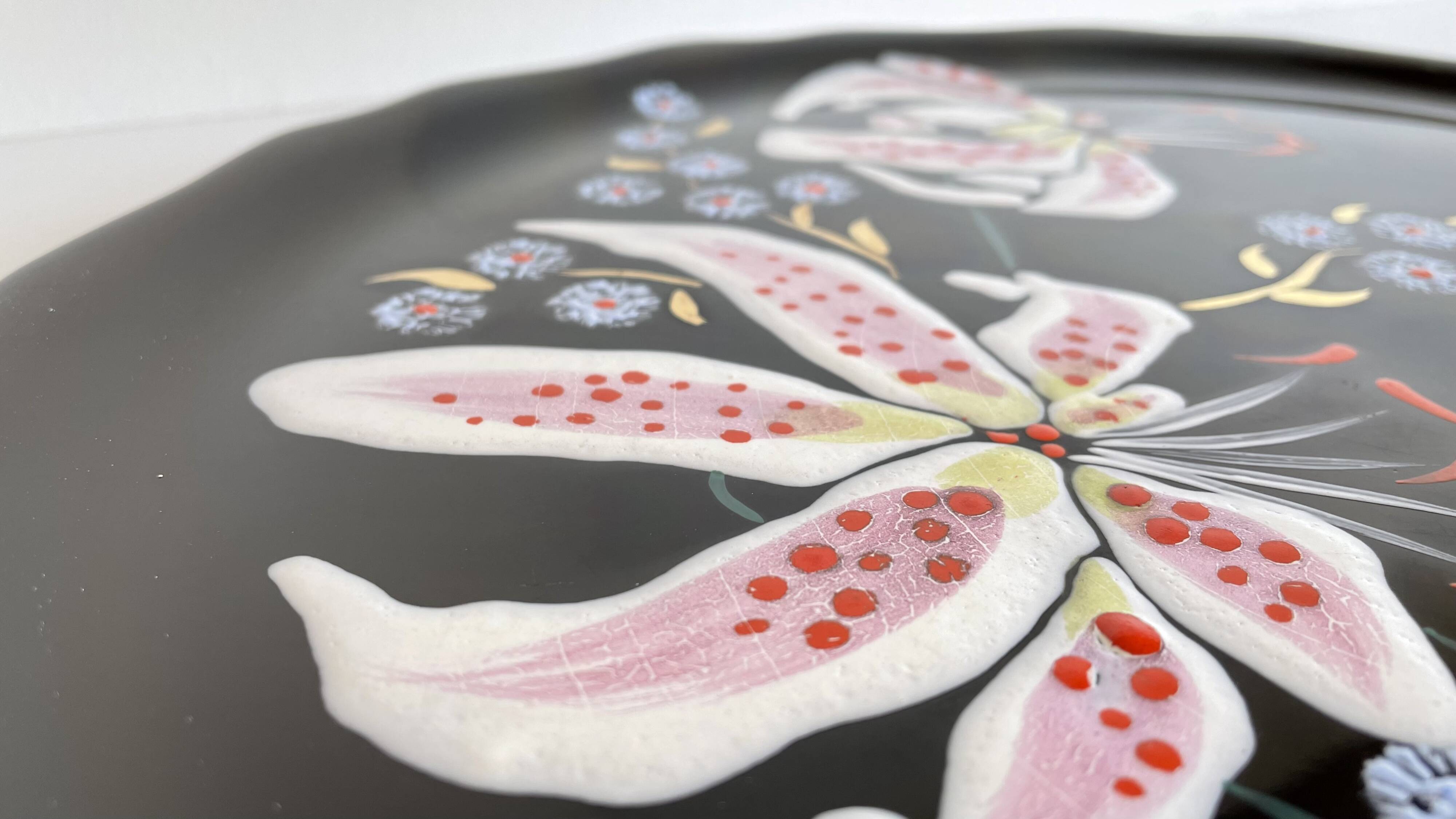 LONGWY earthenware dish with lilies signed L. VALENTI