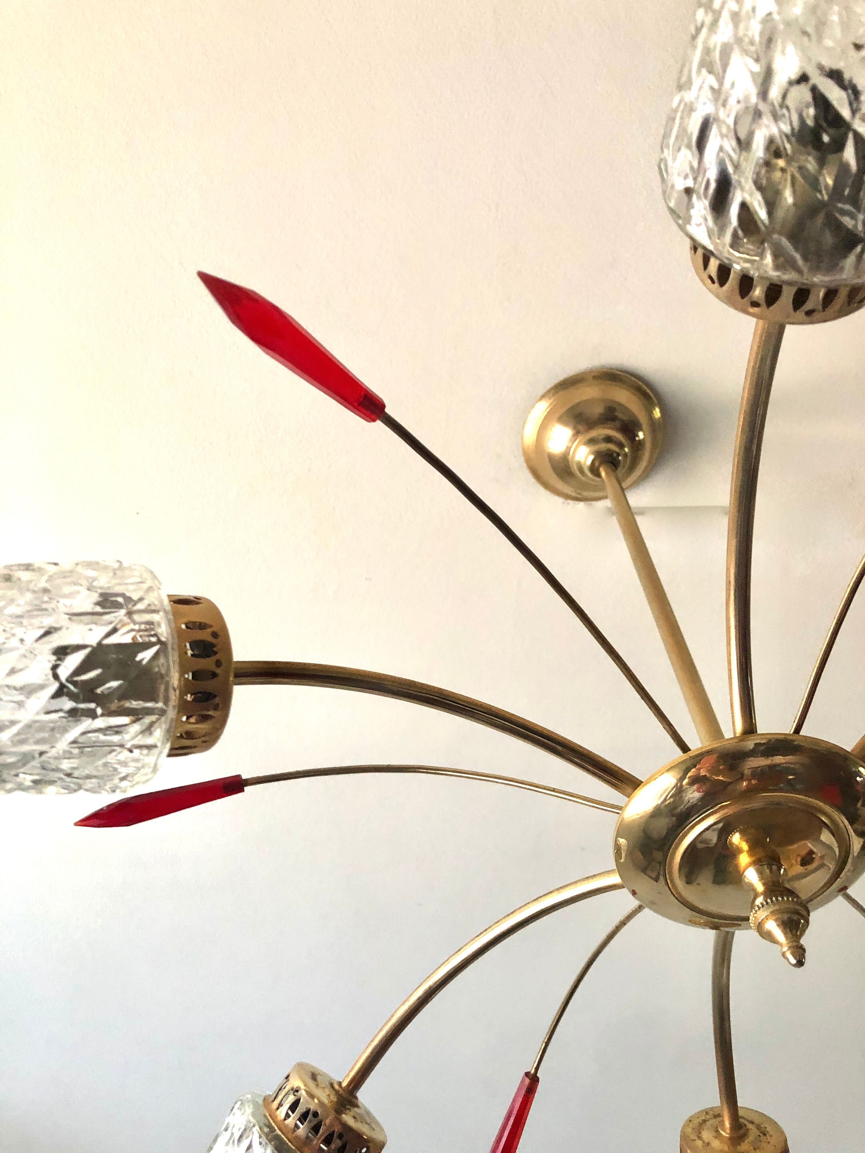 Golden brass chandelier 6 tulips red diamond tips 1950