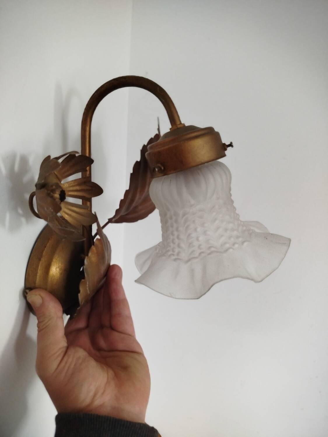 Pair of vintage flower & leaf style wall sconces - molded glass