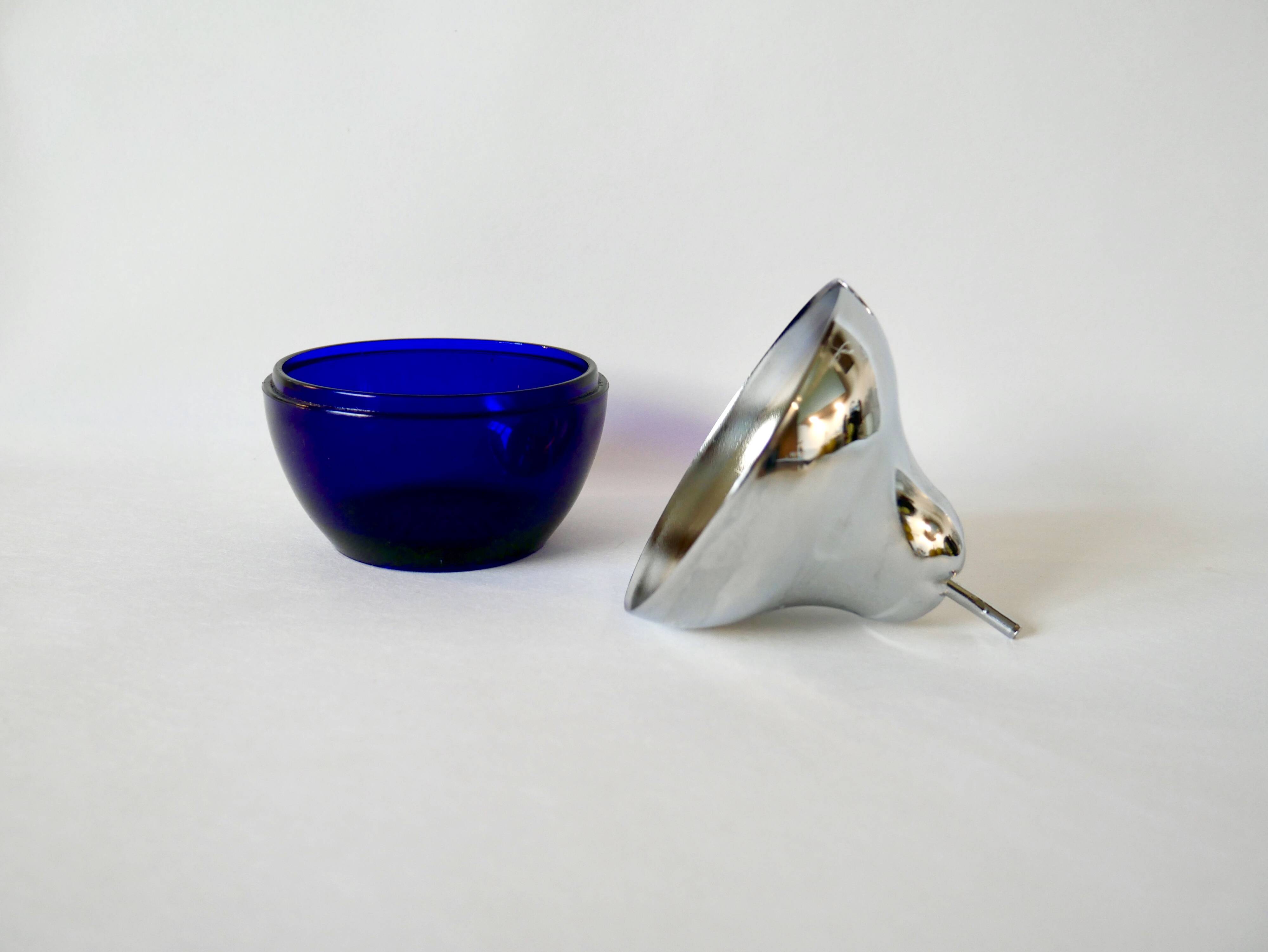 Pear butter dish in silver metal and blue glass from the 70s