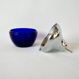 Pear butter dish in silver metal and blue glass from the 70s