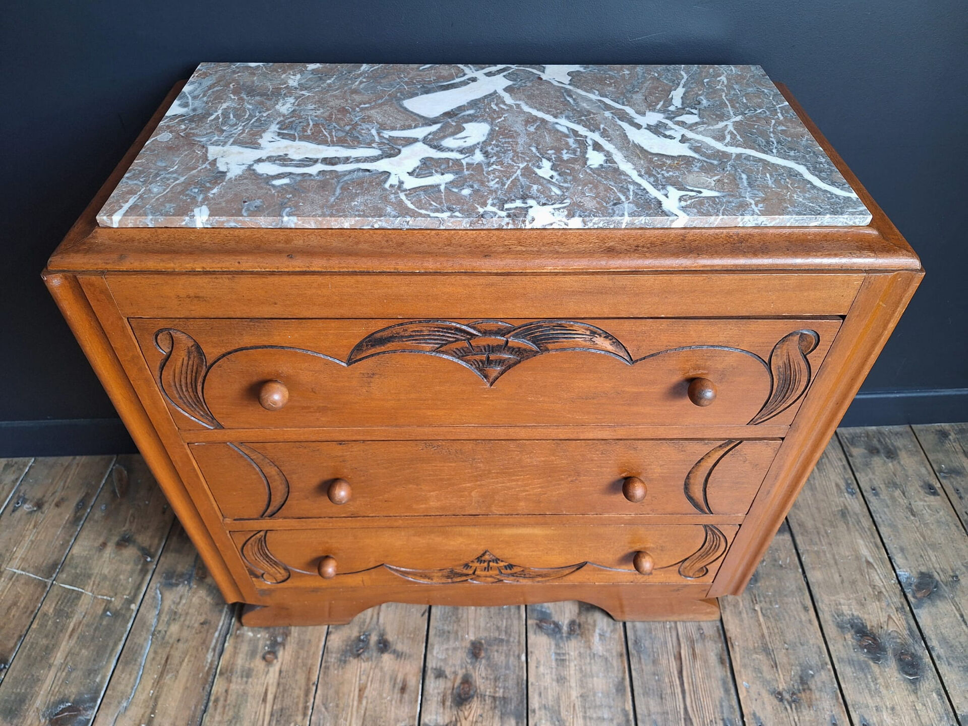 Art Deco commode, vintage antique piece with marble top.