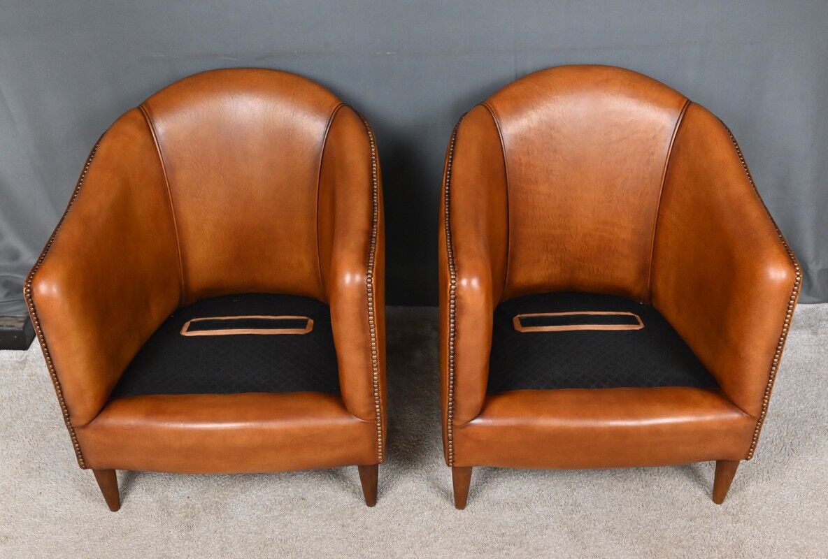 Pair of Solange club armchairs in sheepskin leather – reproduction