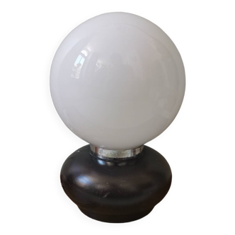 Vintage table lamp, white opaline globe, wooden base