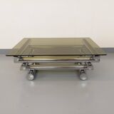 Vintage Space Age rectangular coffee table by Paul Mayen in smoked glass and chrome metal from the 70s