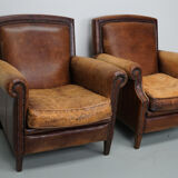 Vintage dutch cognac colored leather club chairs
