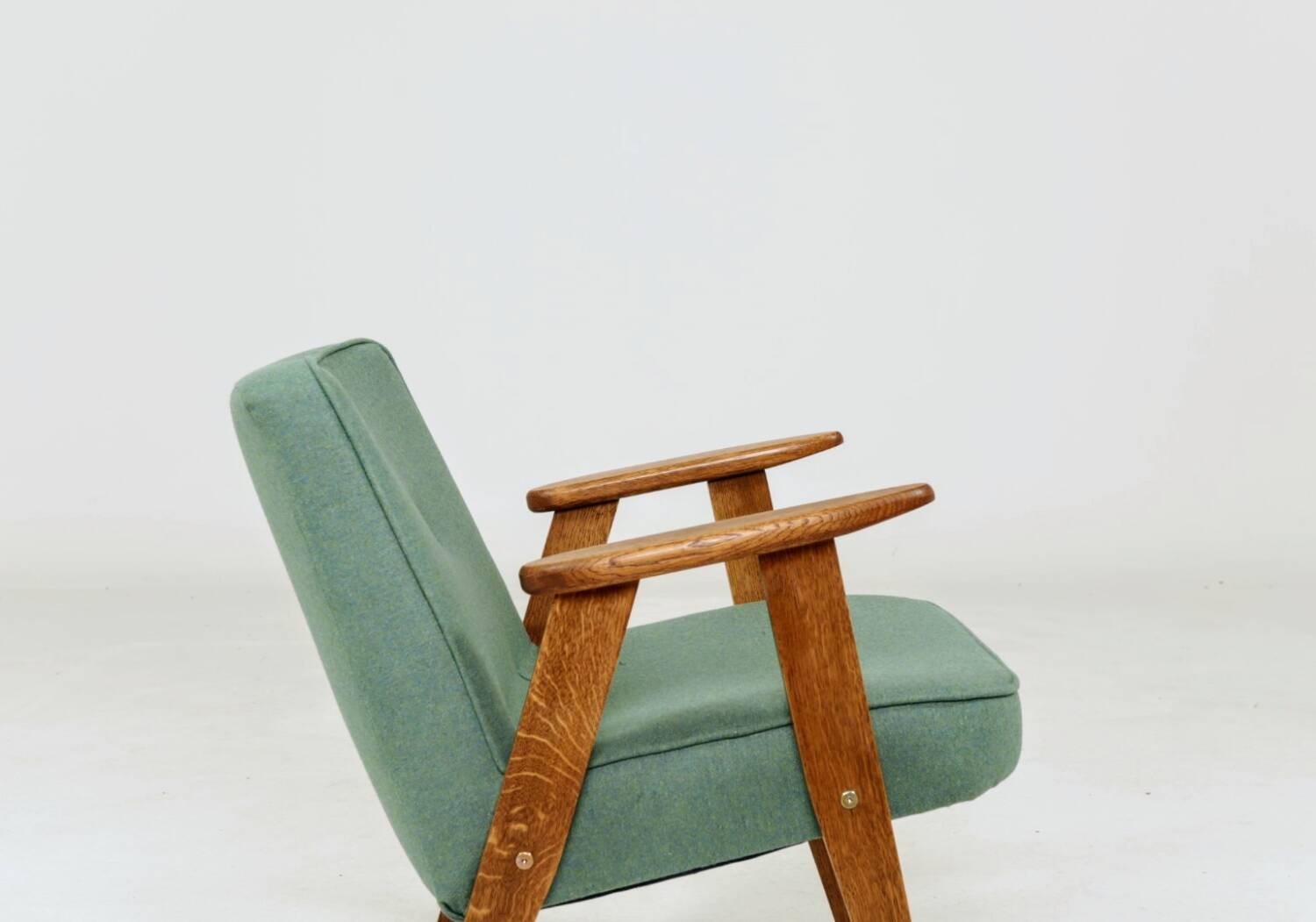 Vintage armchair 366 in solid oak, wool fabric.