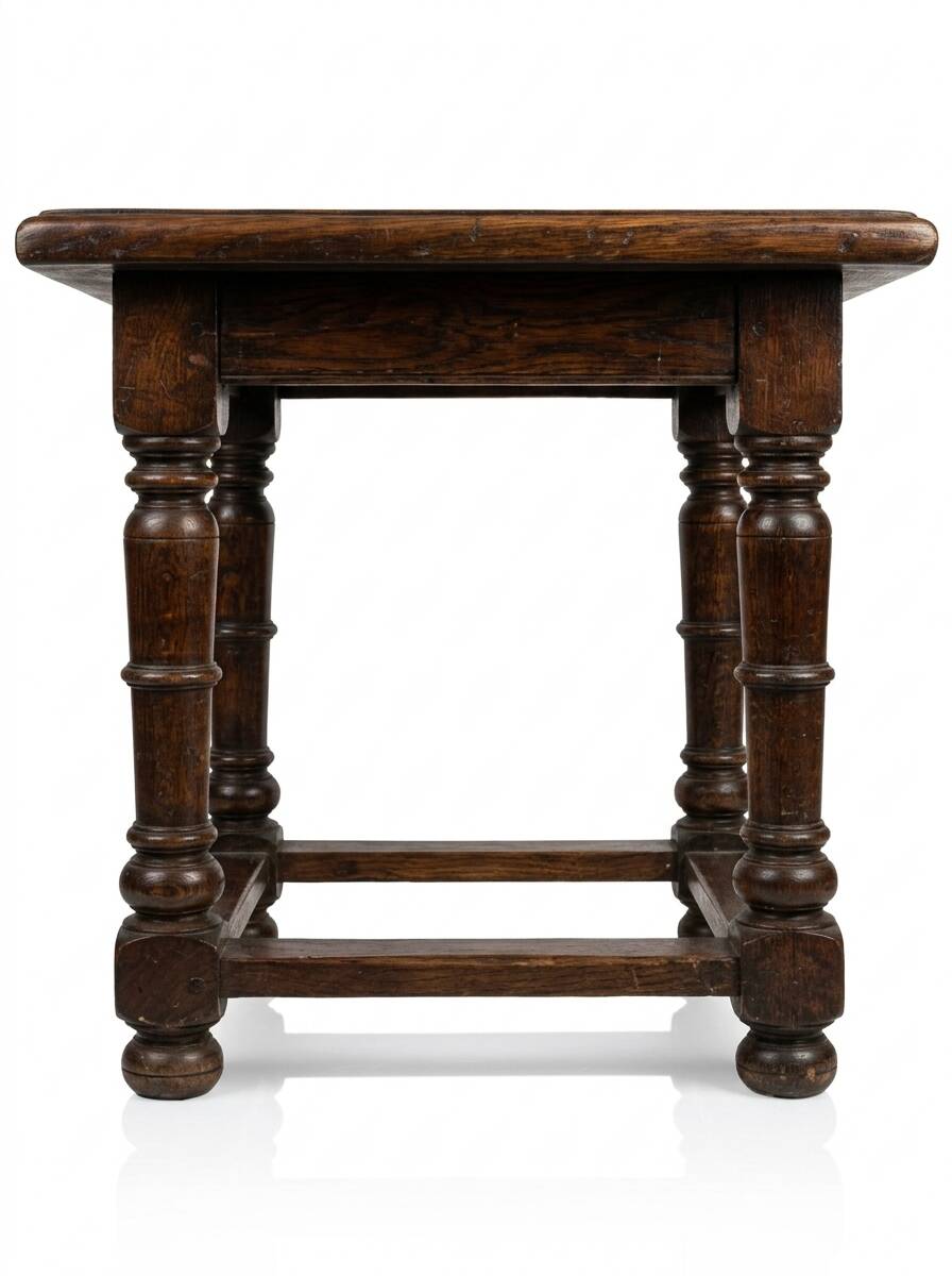 Table ancienne en chêne massif – Pieds tournés balustres et entretoise, sty
