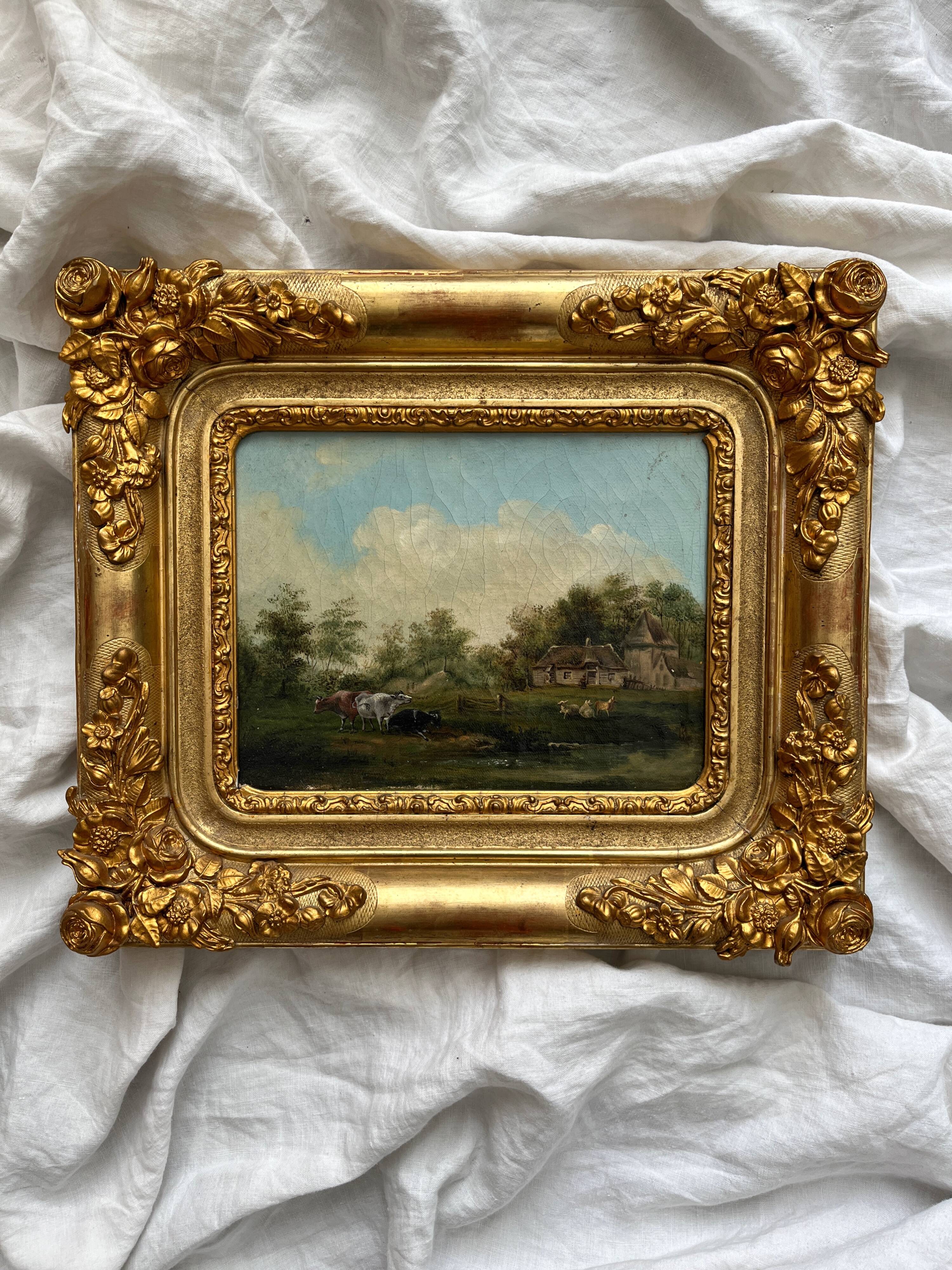 Old oil painting on canvas countryside landscape 19th