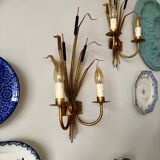 Pair of 2-light reed wall lights in gold and black metal