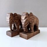 Serre-livres éléphants en bois, milieu XXème