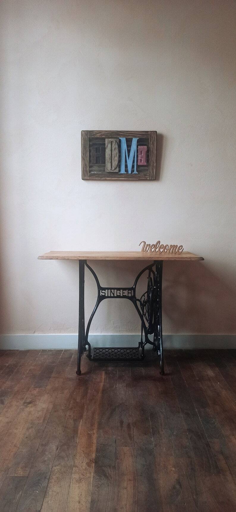 Solid wood and cast iron desk/Singer sewing machine table/entrance console/bathroom furniture