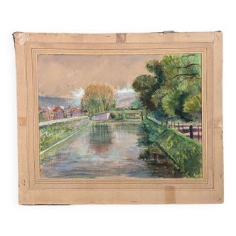 Aquarelle sur papier par Félix Labbé Brive-la-Gaillarde bord de canal XXe