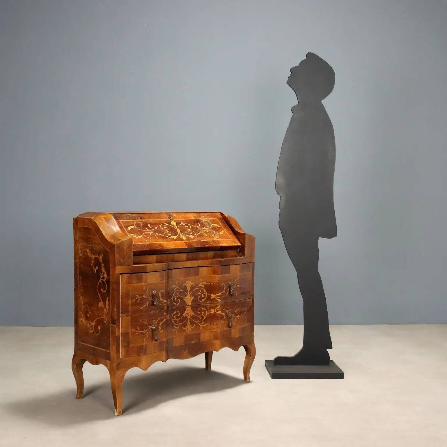 Antique walnut secretary cabinet with drop-down front, 2 drawers, Italy, 20th century.