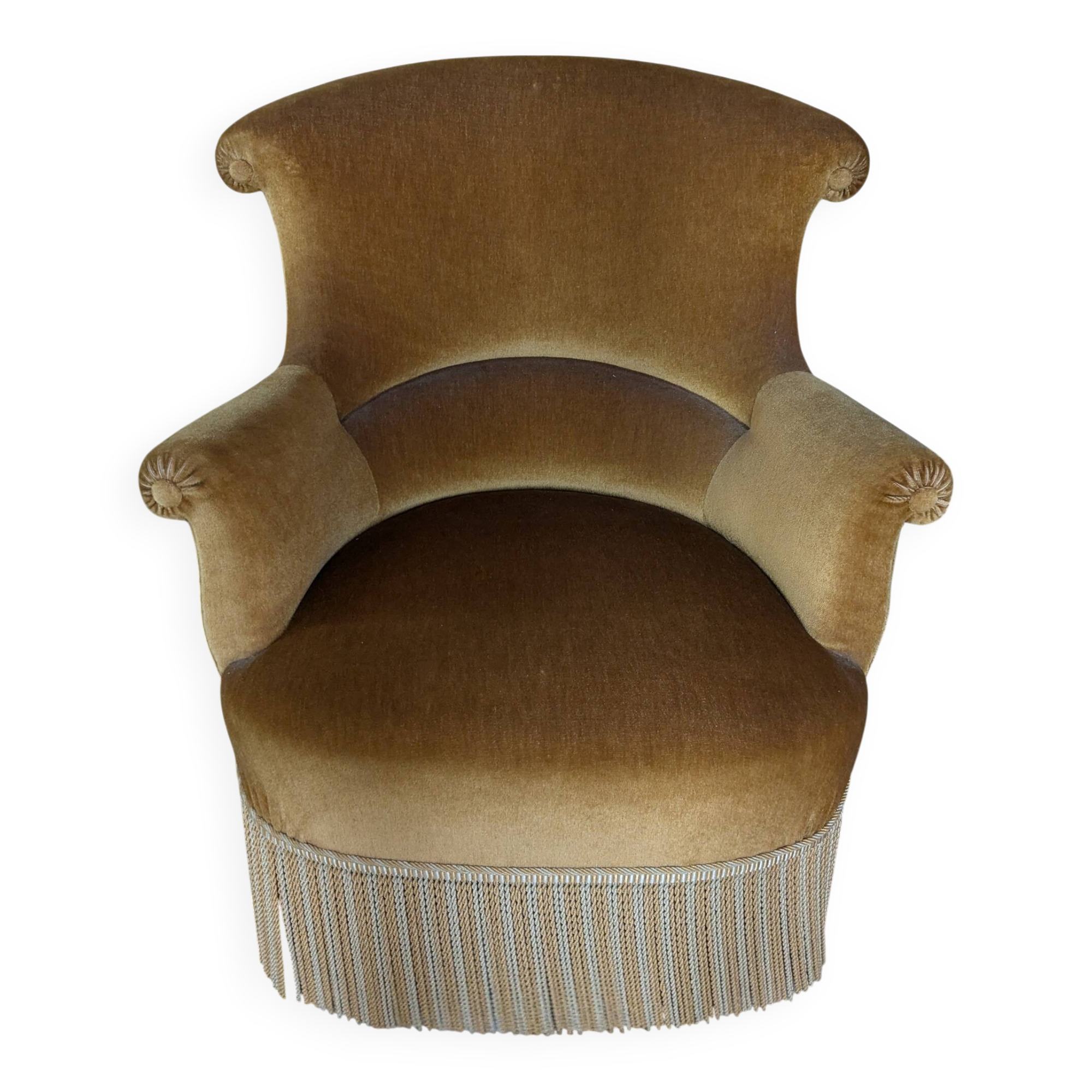 Caramel-coloured wool velvet armchair.