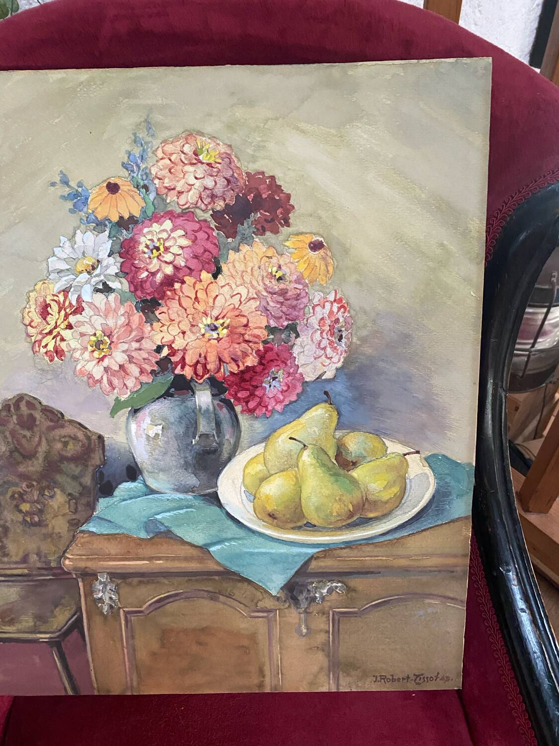 Antique watercolor still life on panel