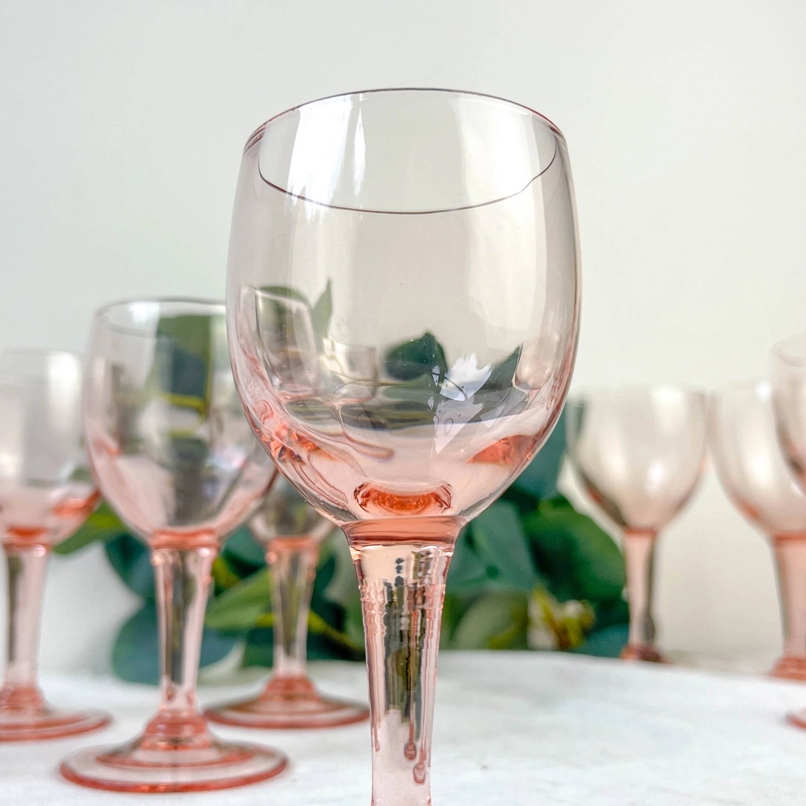 9 vintage white wine glasses in faceted pink glass – 1950s