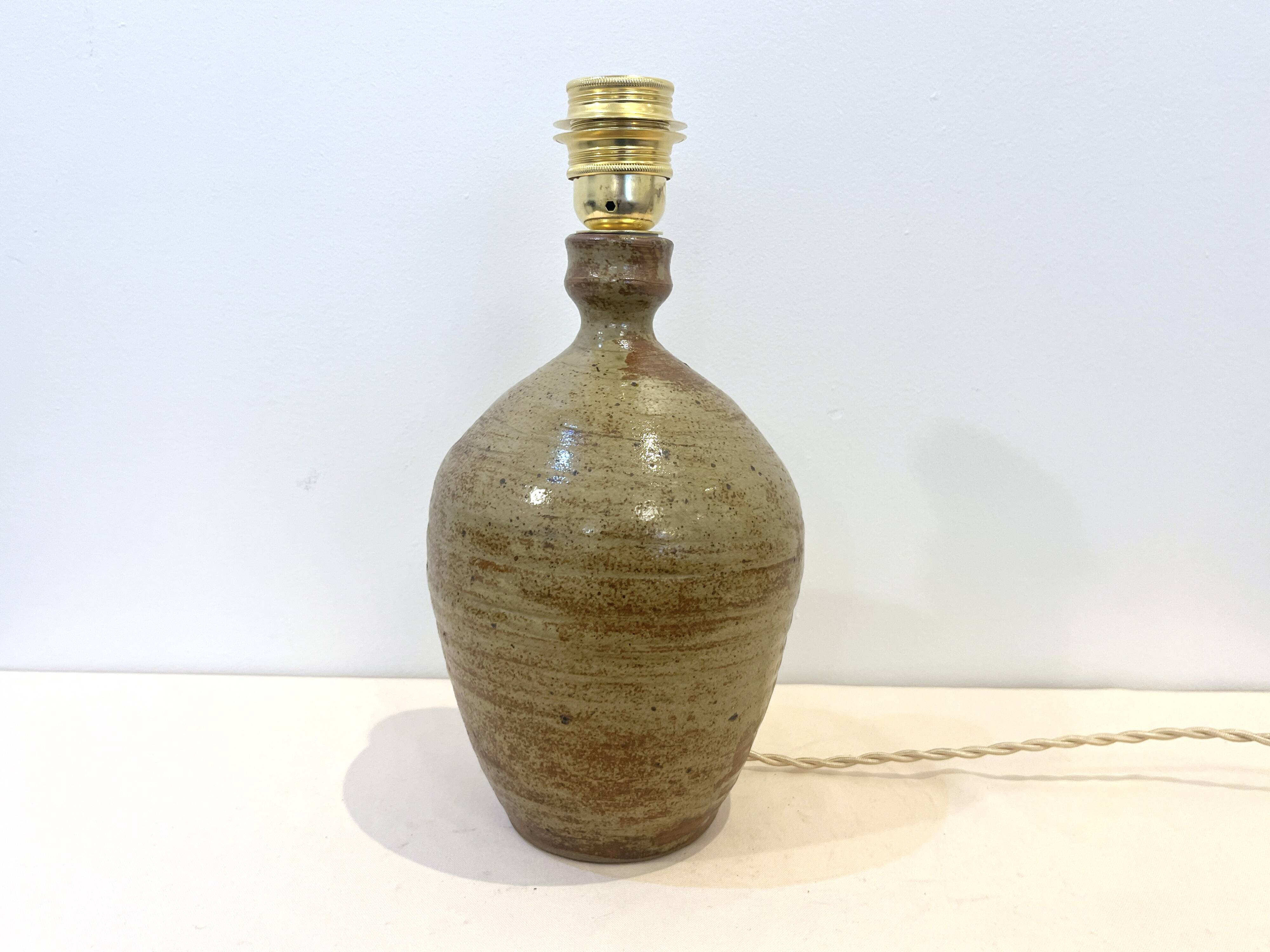 XXL Vintage Lamp Base in Beige Brown Stoneware with Raffia Lampshade 1970