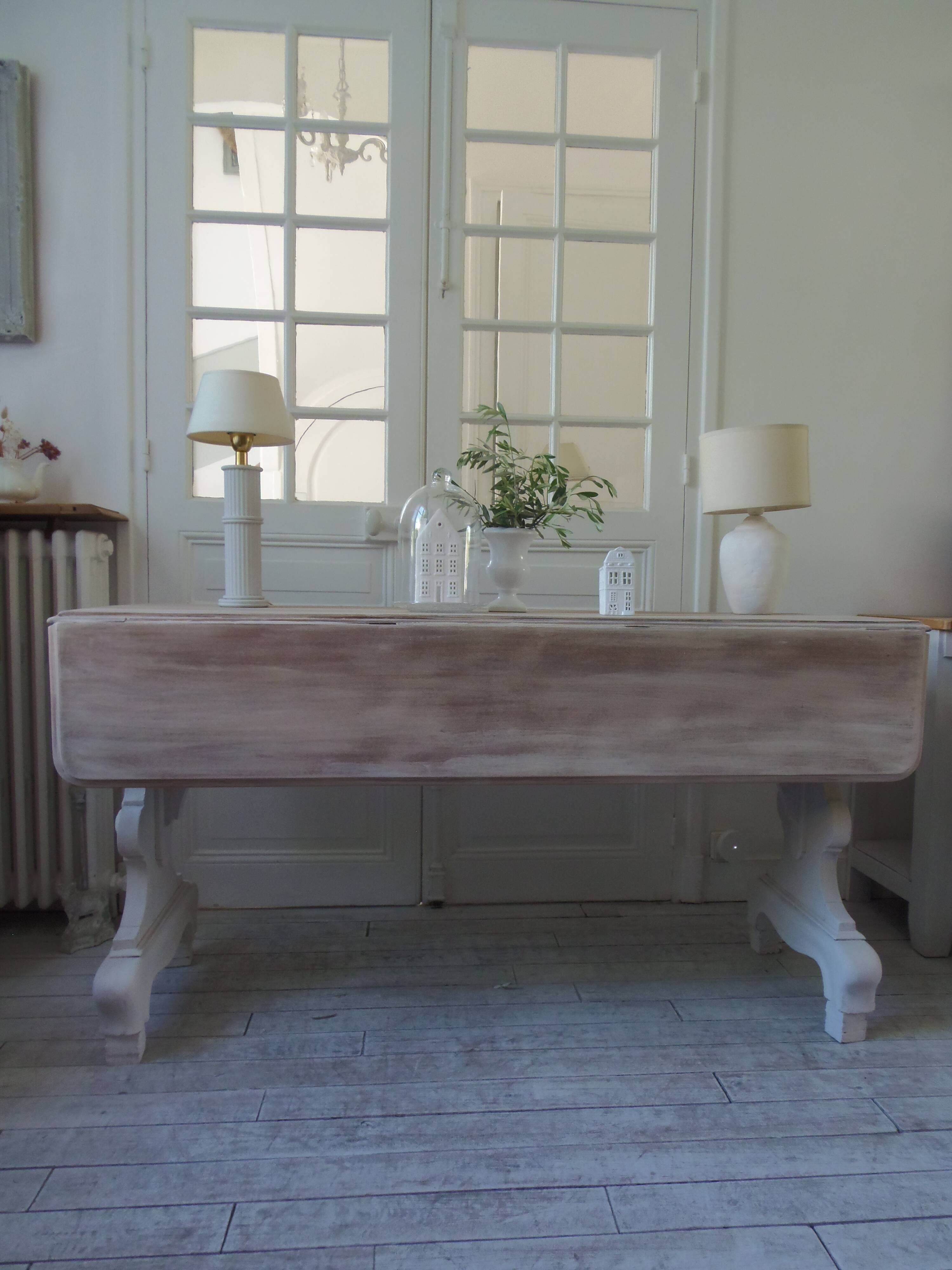 Console, solid walnut table with drop leaves.