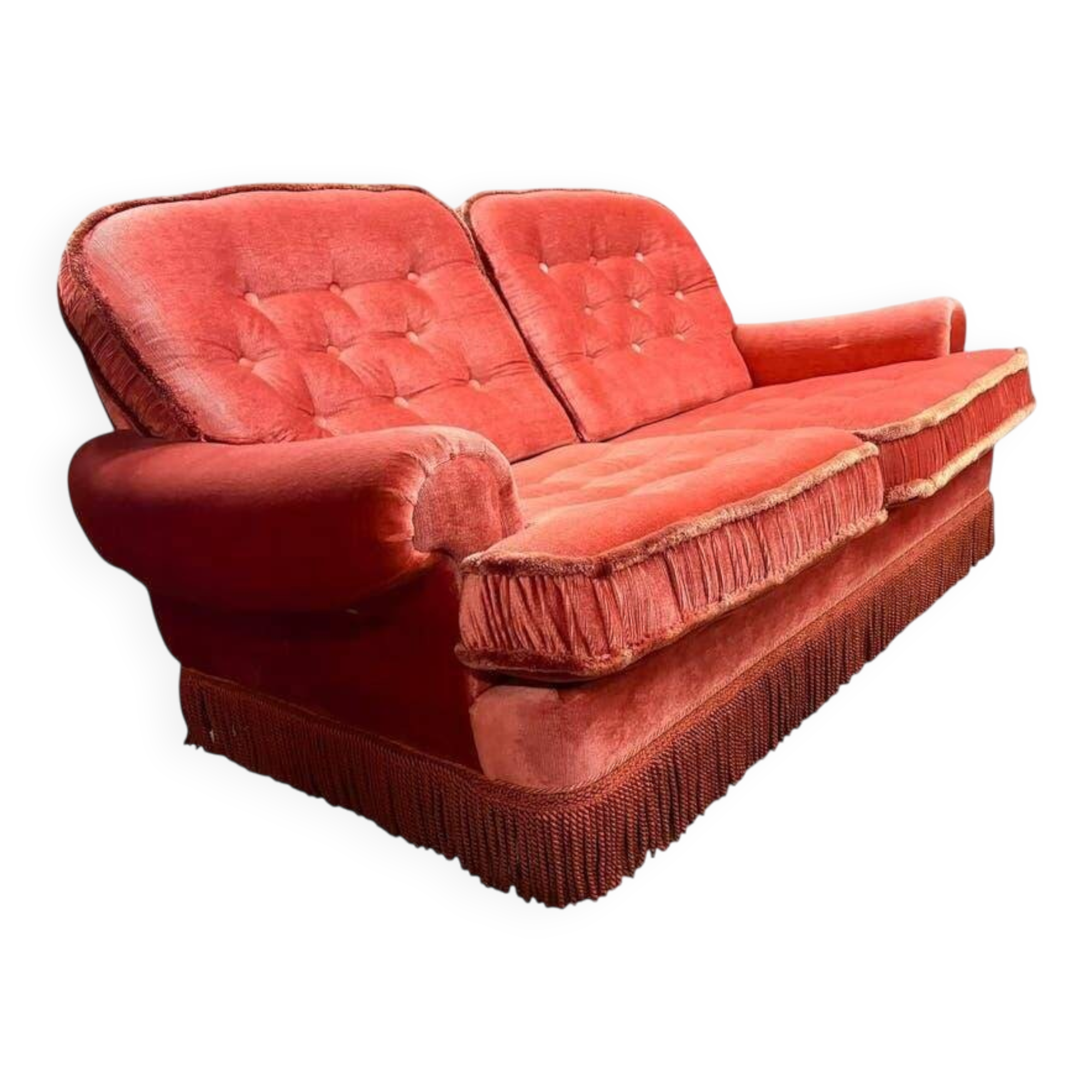 Vintage pink two-seater sofa with fringes