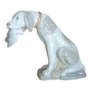 Grande figurine porcelaine, chien, setter, chasse, signée d'Art SA, vintage